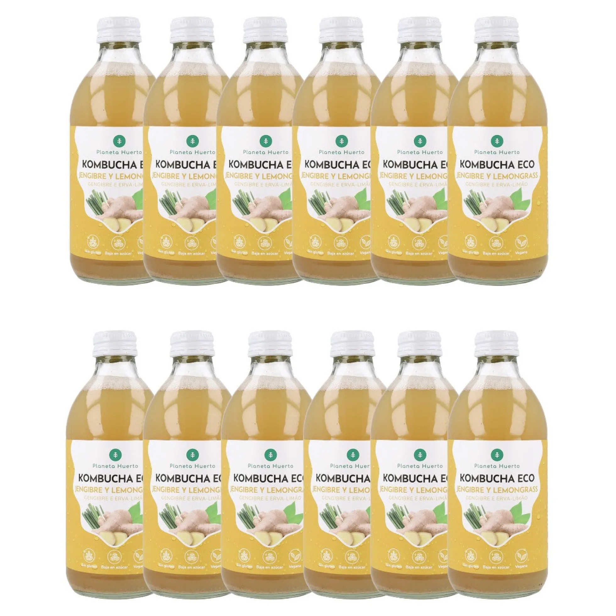 Pack 12x Kombucha ECO Jengibre y lemongrass Planeta Huerto 330 ml