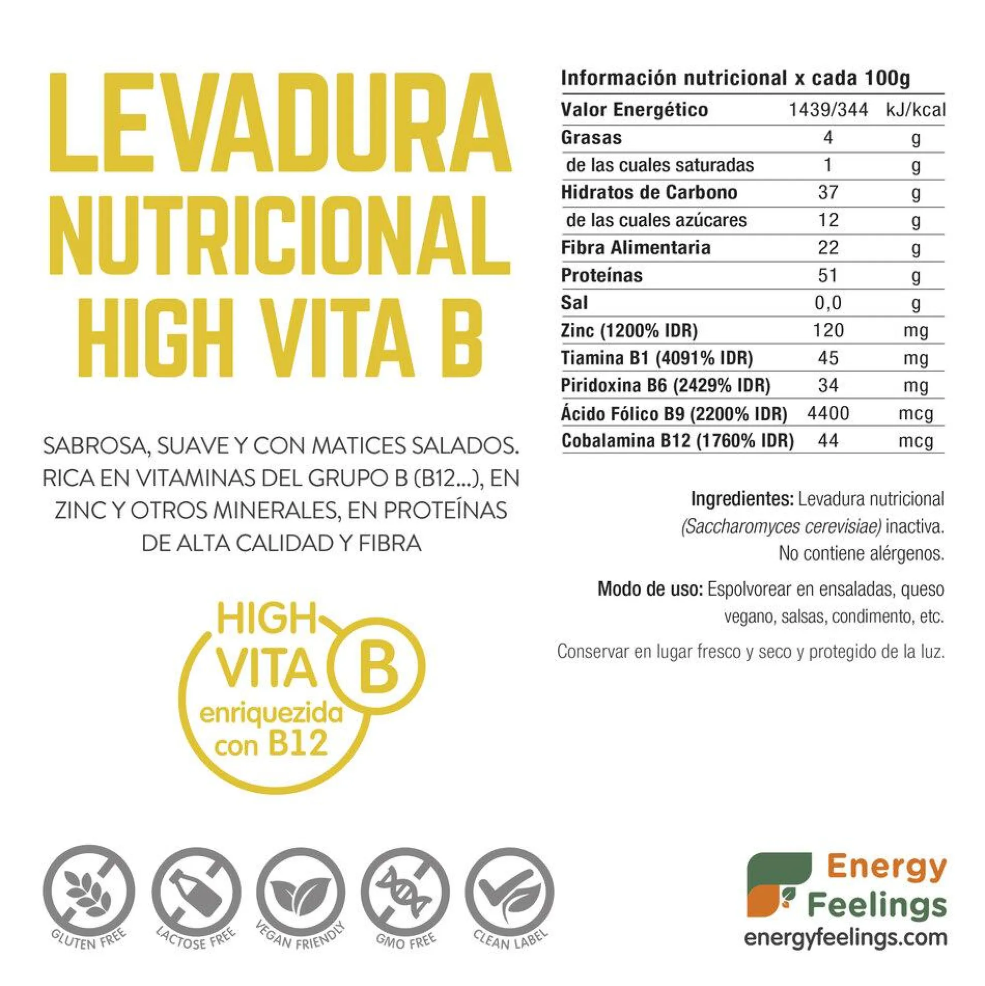 Pack 2x Levadura nutricional vitamina B12 en copos Energy Feelings, 1 Kg