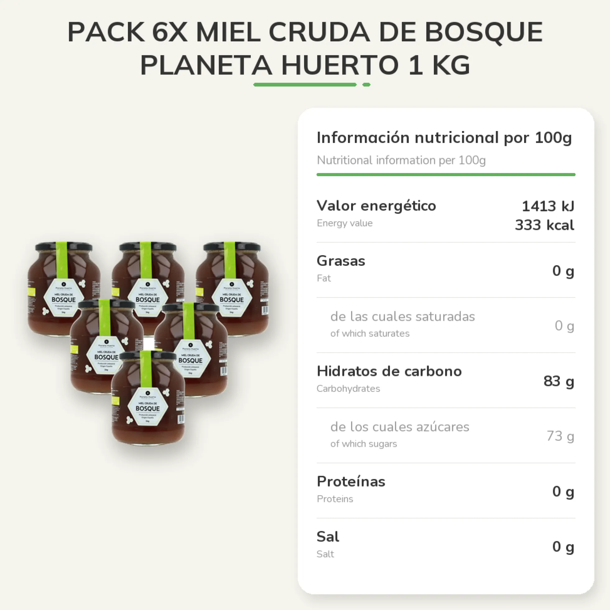 Pack 6x Miel Cruda de Bosque Planeta Huerto 1 Kg