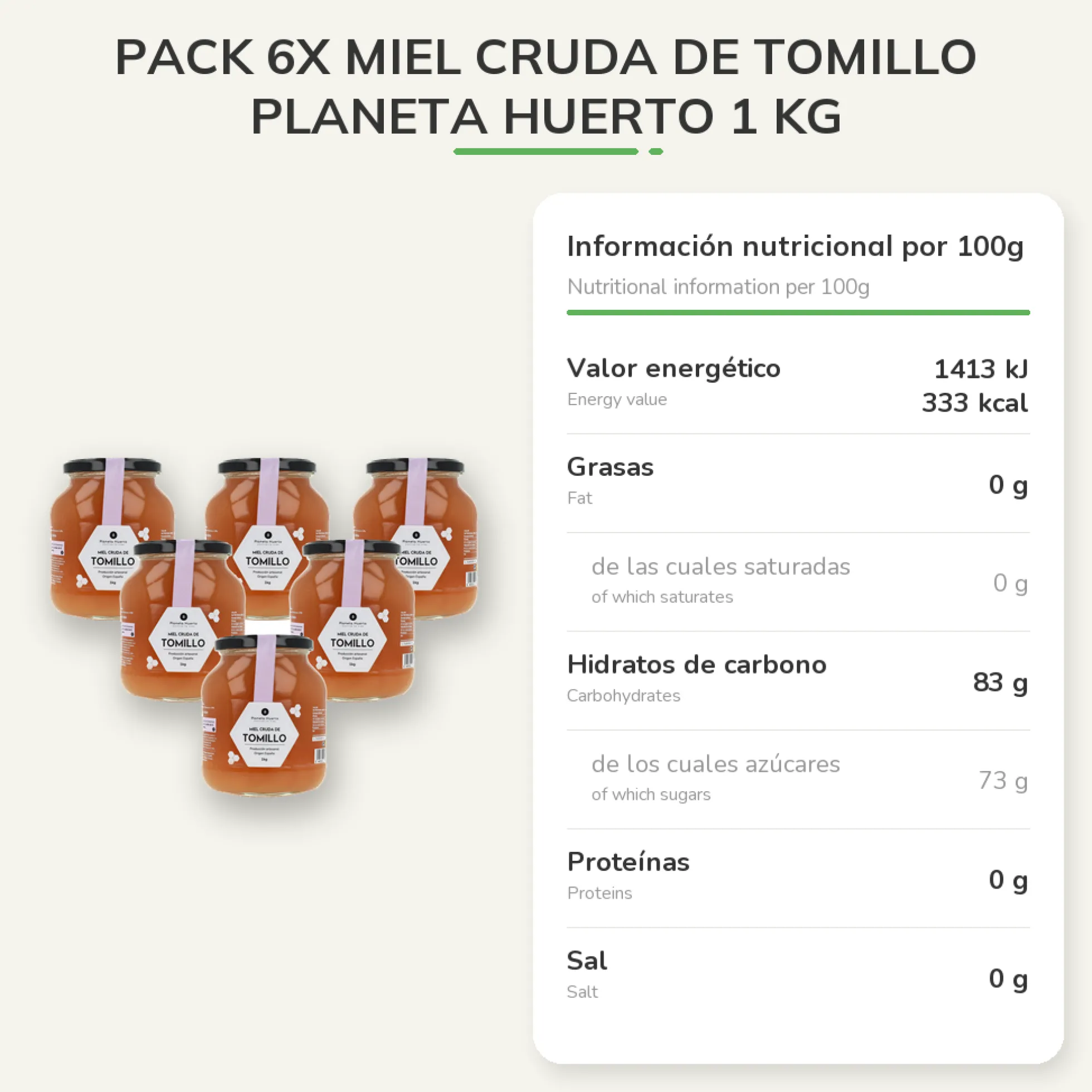 Pack 6x Miel Cruda de Tomillo Planeta Huerto 1 Kg