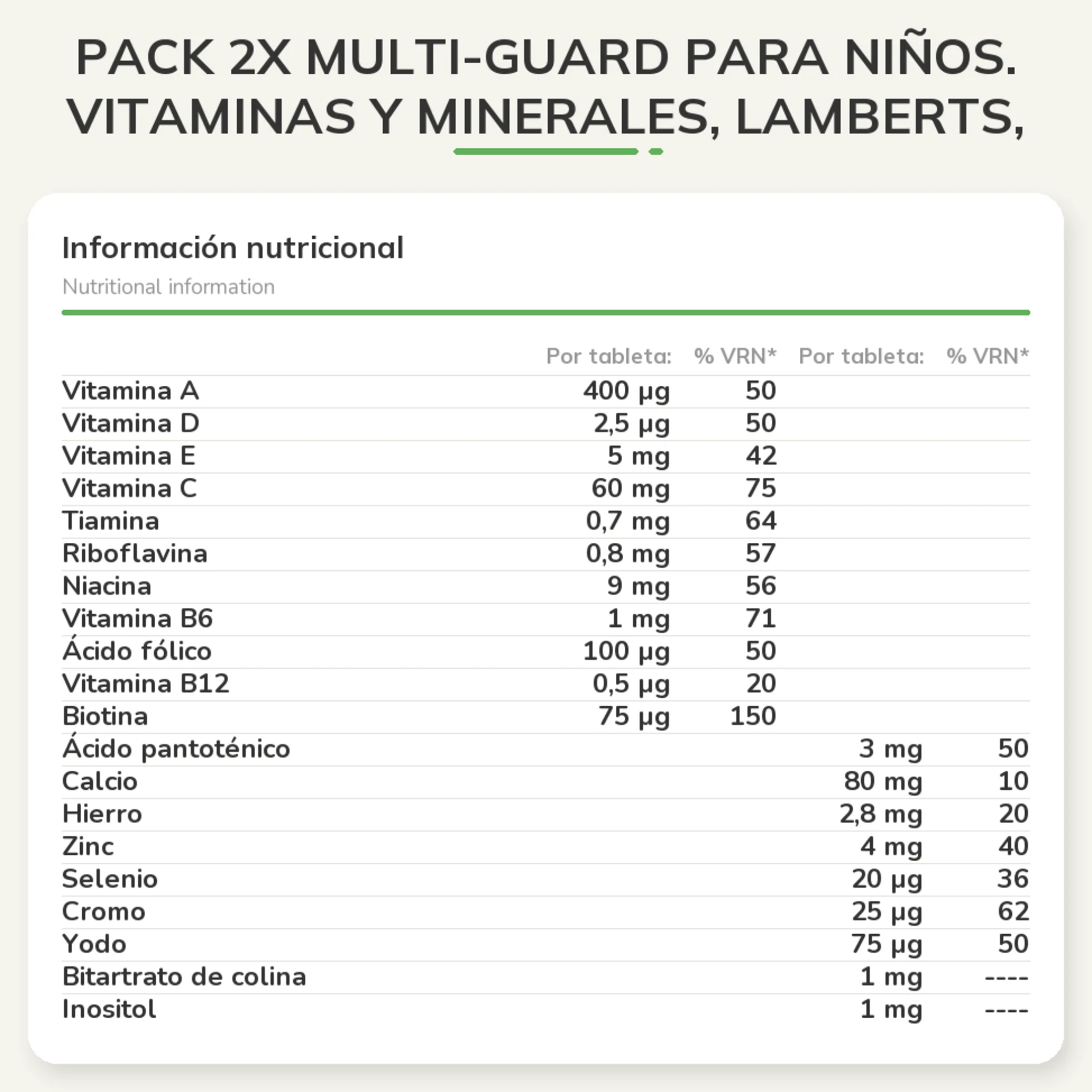 Pack 2x Multi-Guard para Niños. Vitaminas y Minerales, Lamberts, 100 tabletas masticables