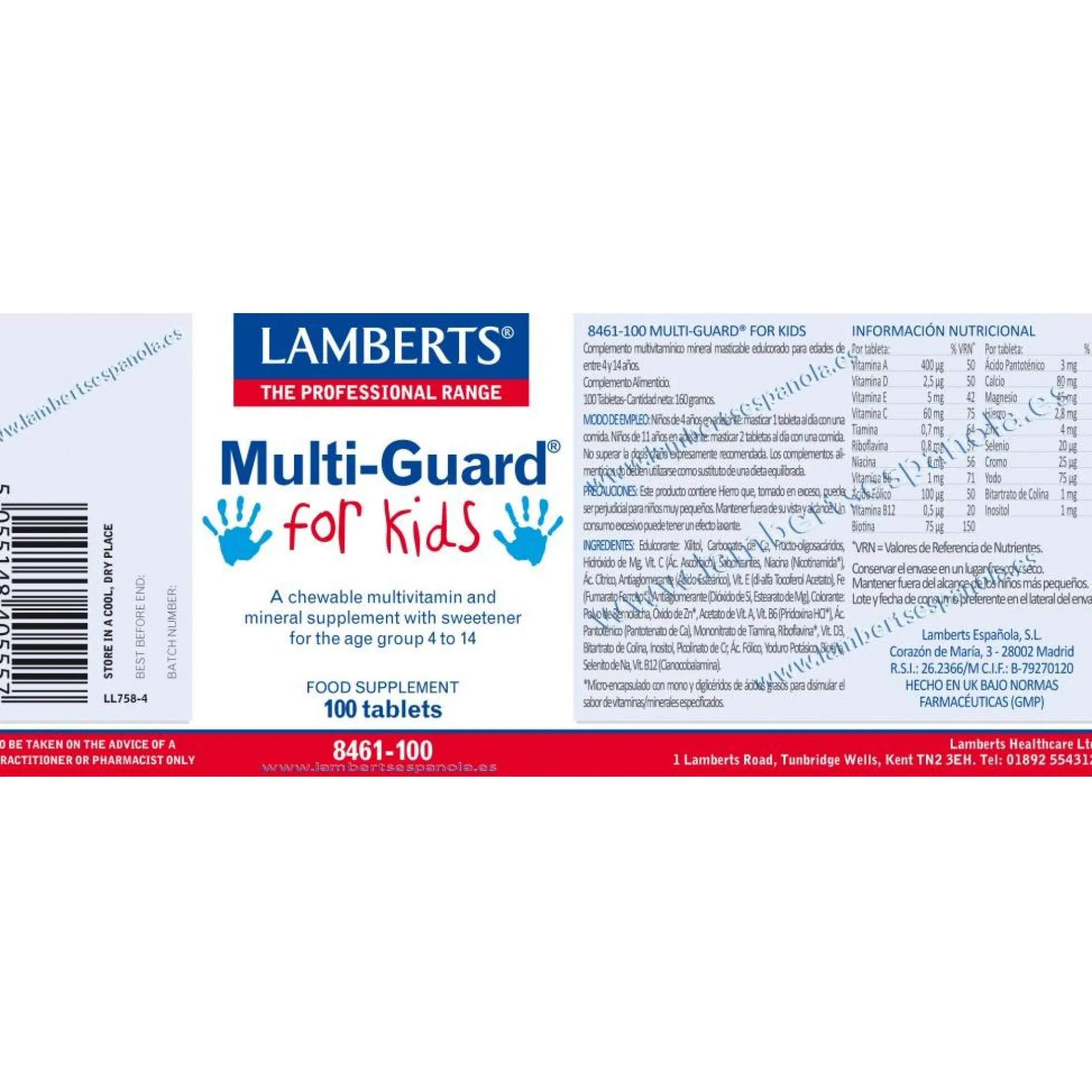 Pack 2x Multi-Guard para Niños. Vitaminas y Minerales, Lamberts, 100 tabletas masticables