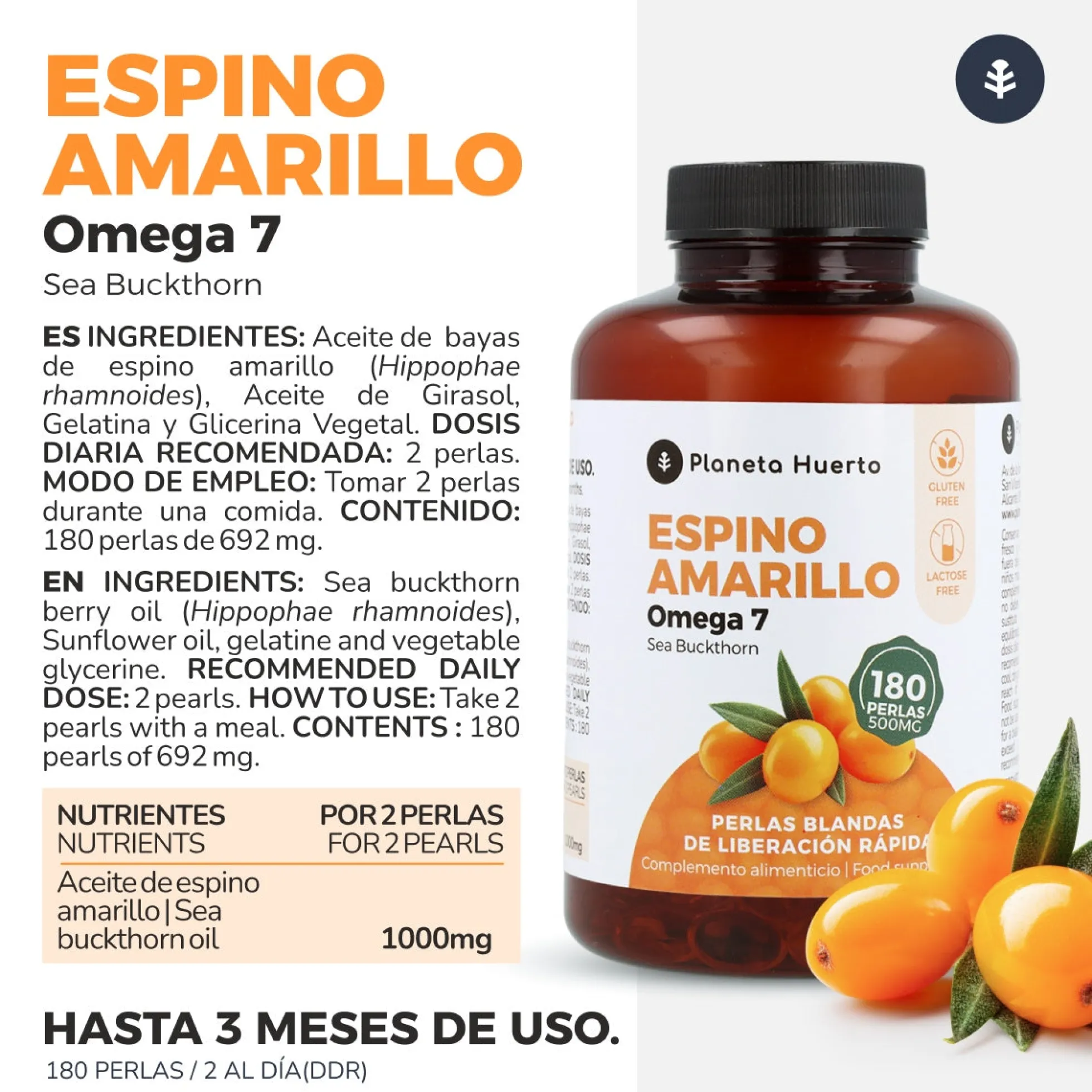 Pack 3x Omega 7 Espino Amarillo Planeta Huerto 180 Perlas