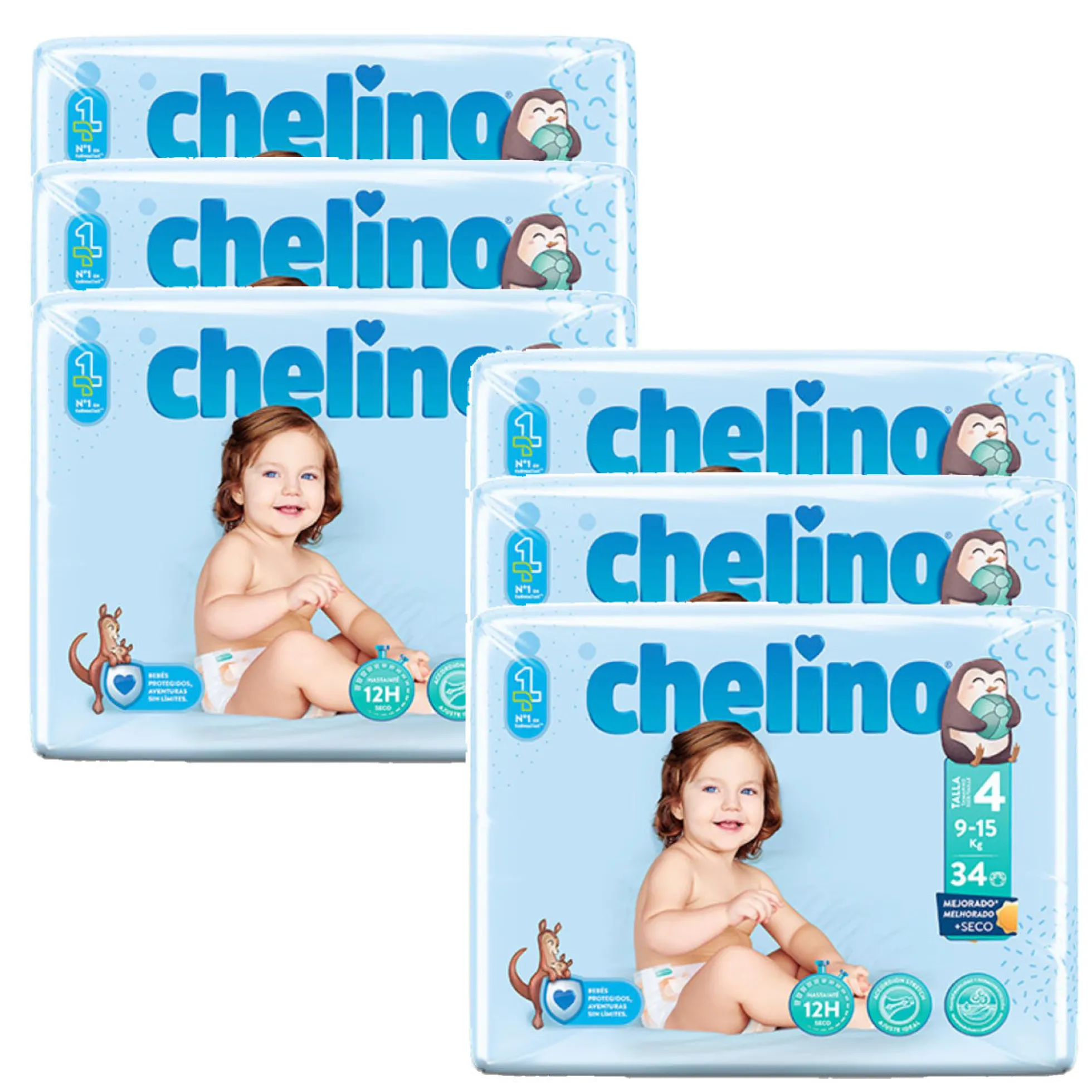 Pack 6x Pañal T4 Gateo (9-15Kg) 34 uds, Chelino