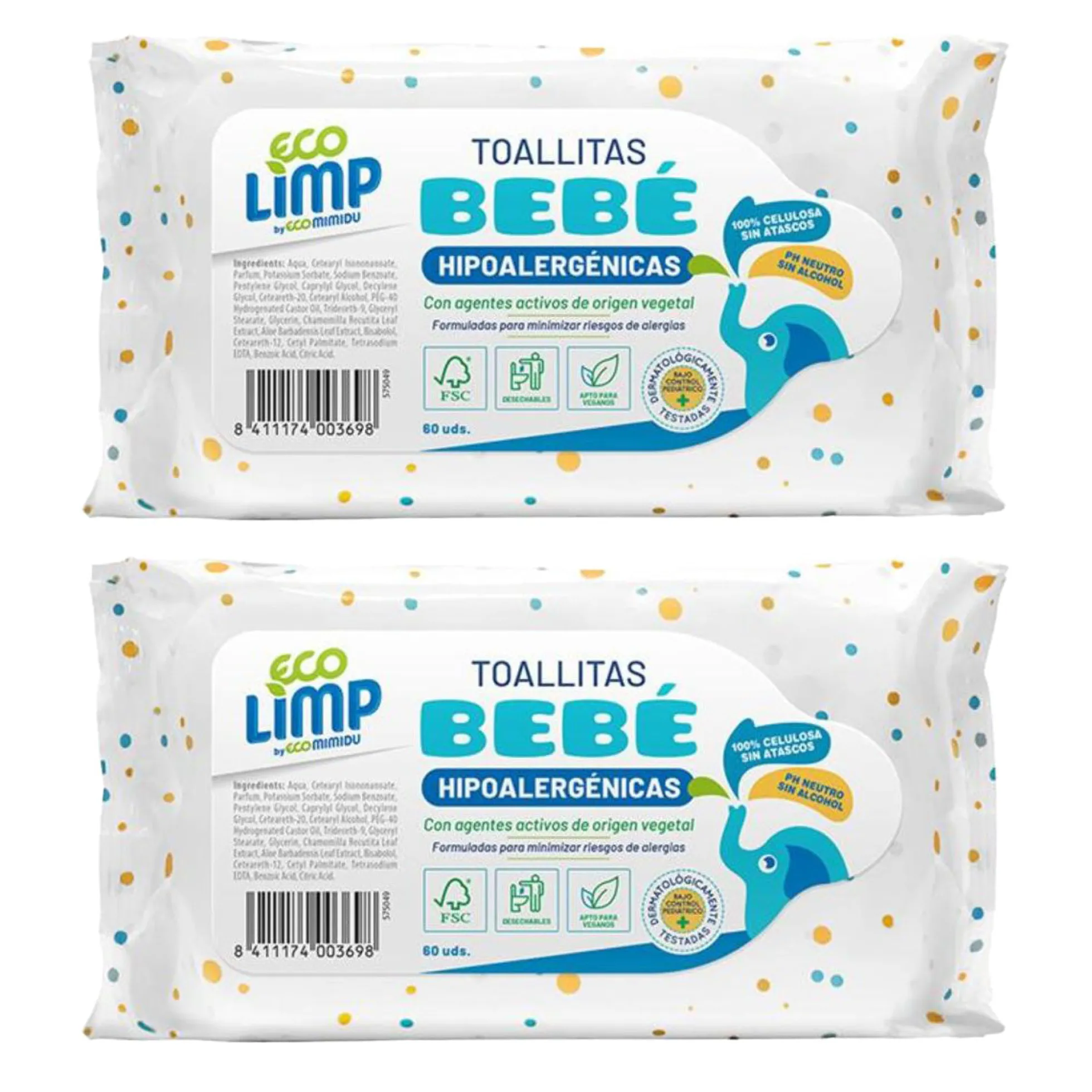 Pack 2x Toallitas Bebé Mimidu ECO 60 Uds