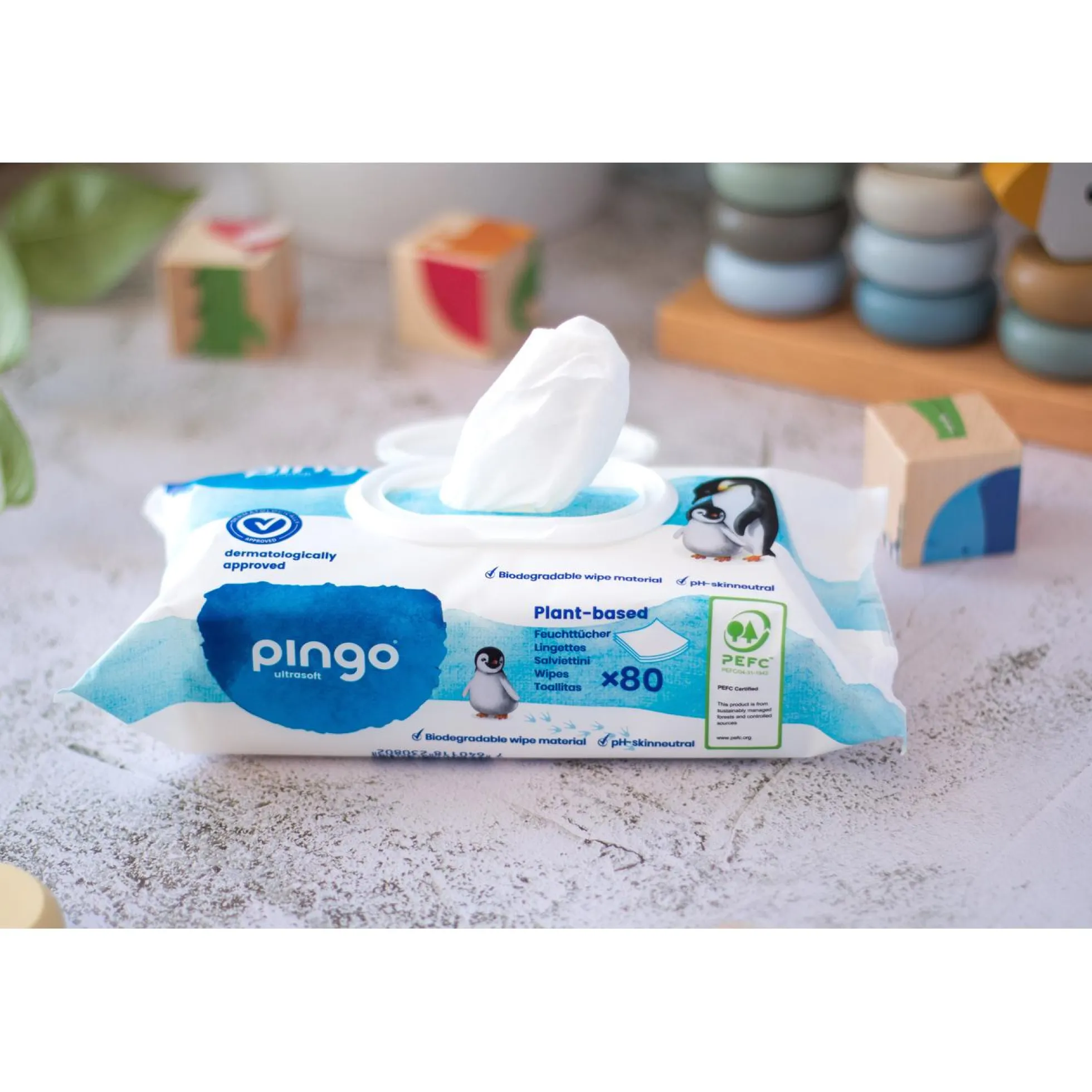 Pack 12 x Toallitas húmedas de bebé 100% biodegradables Pingo 80 uds