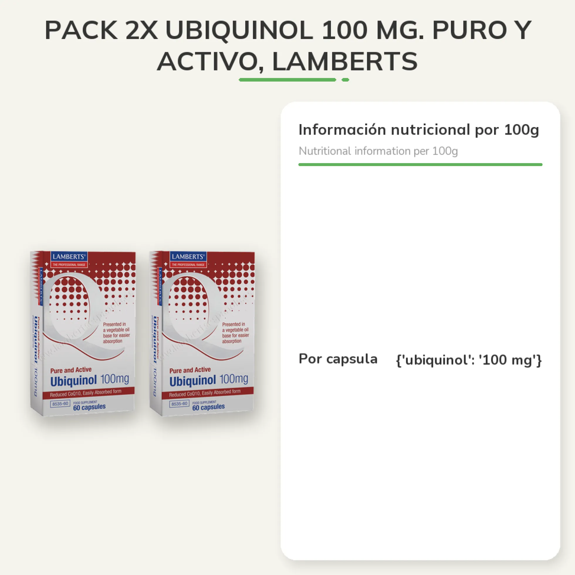 Pack 2x Ubiquinol 100 mg. Puro y Activo, Lamberts