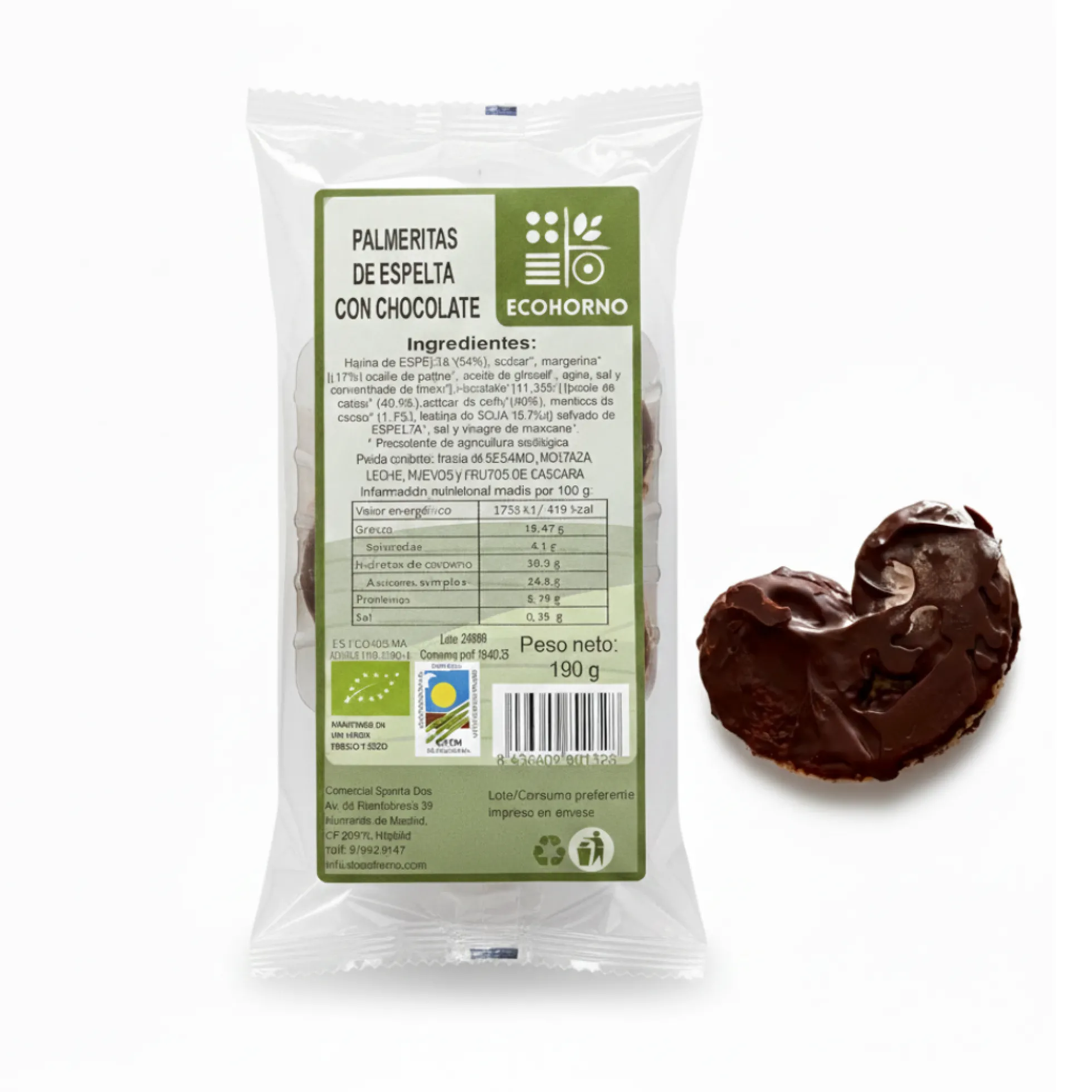 Palmeritas ecológicas de espelta con chocolate 190 g