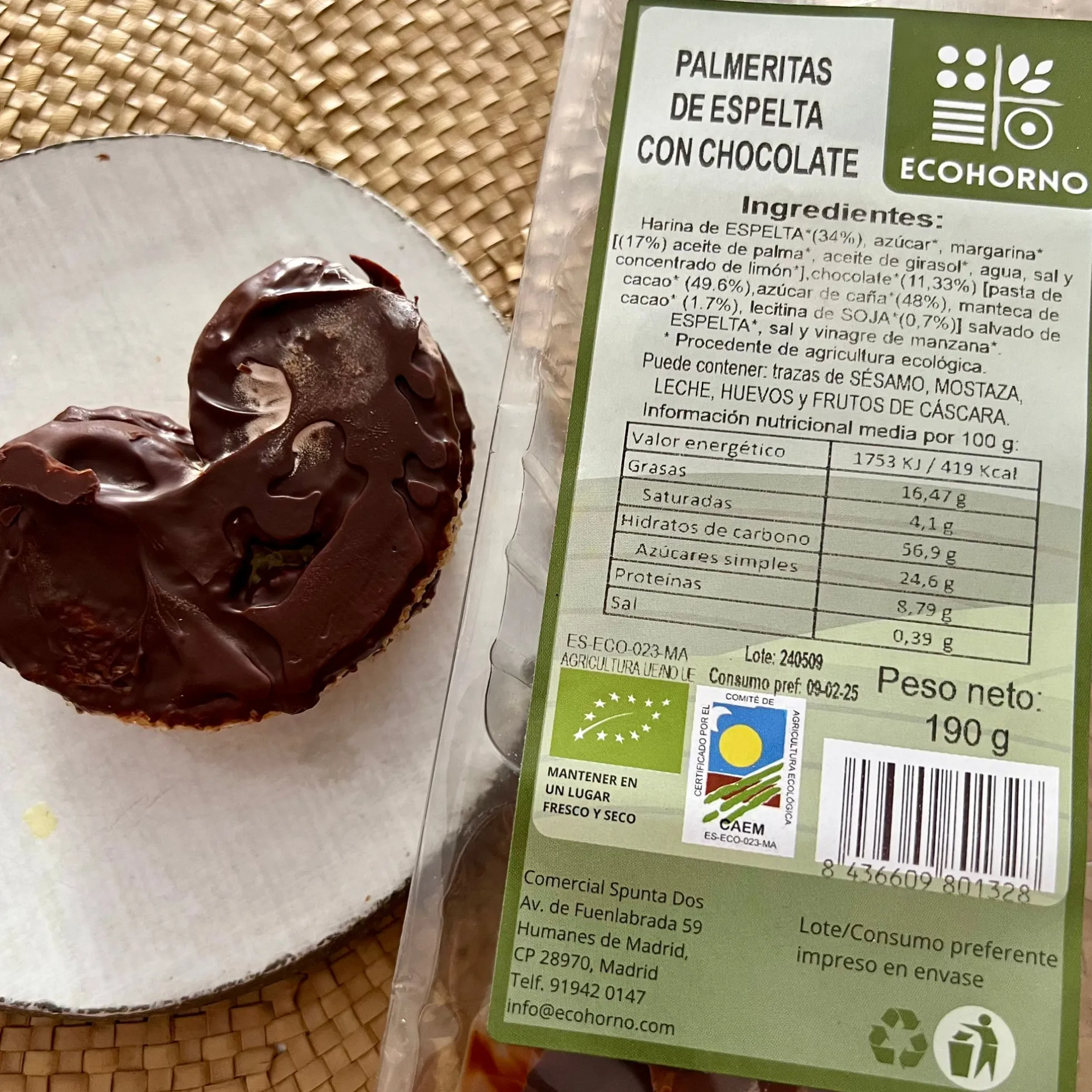 Palmeritas ecológicas de espelta con chocolate 190 g