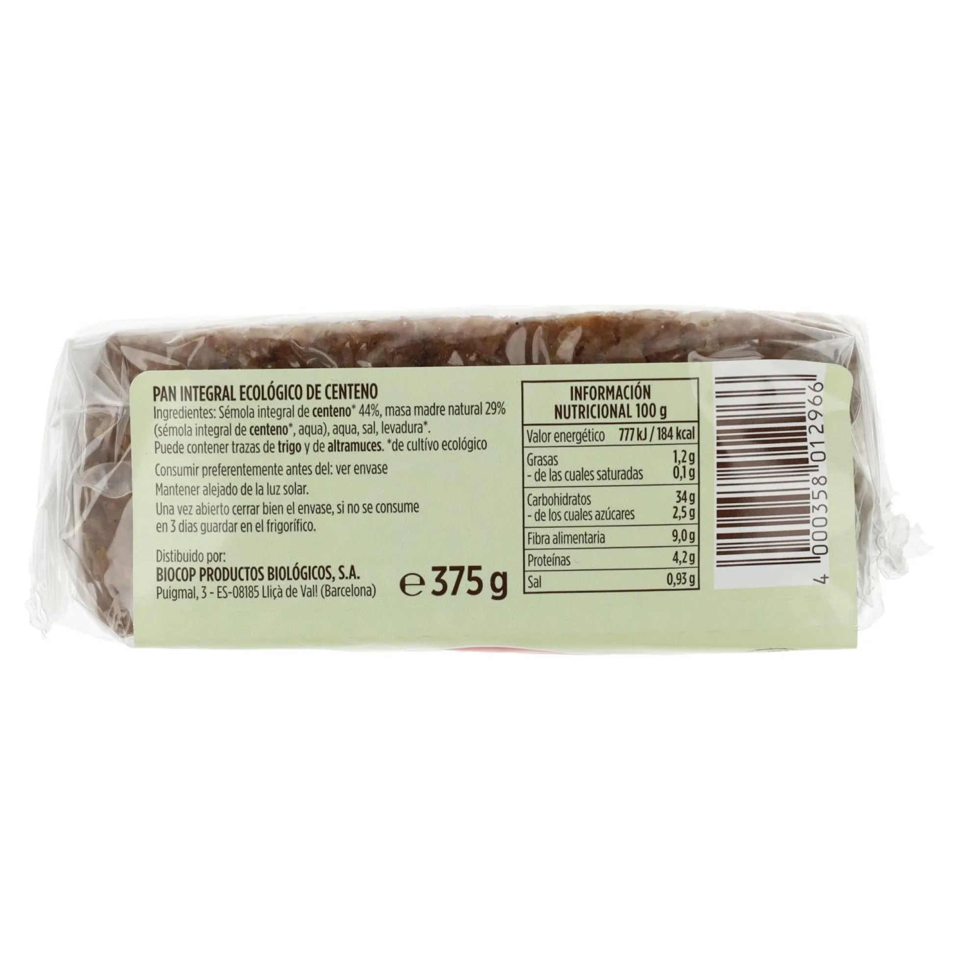 Pan de Centeno Integral Ecológico Pema 375 g