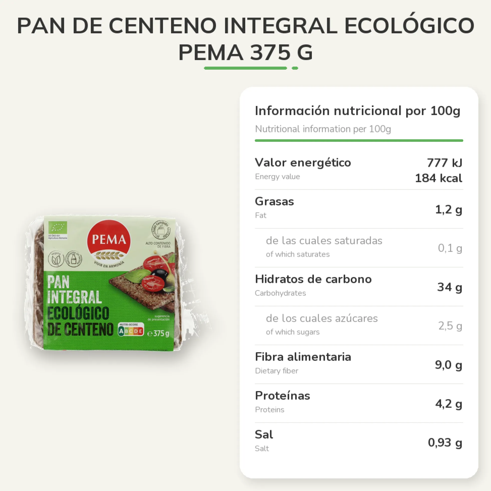Pan de Centeno Integral Ecológico Pema 375 g