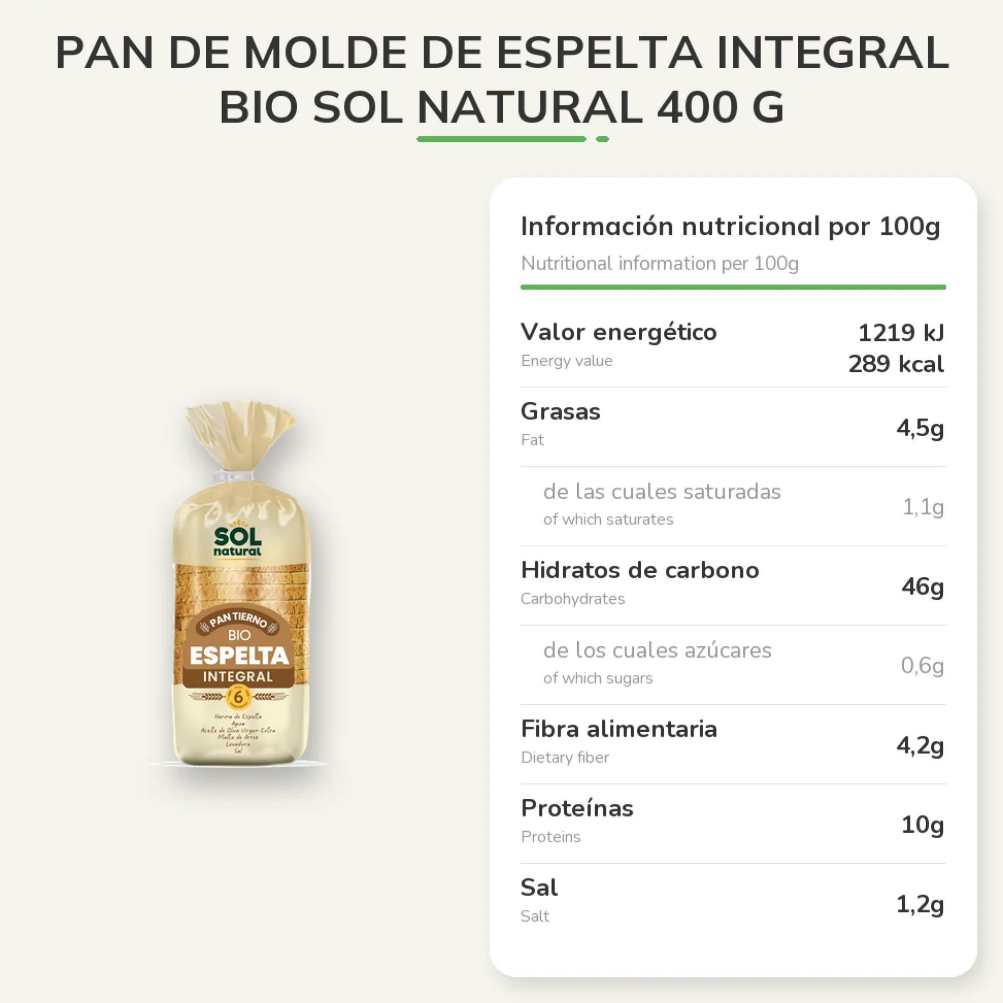 Pan de molde de Espelta Integral Bio Sol Natural 400 g