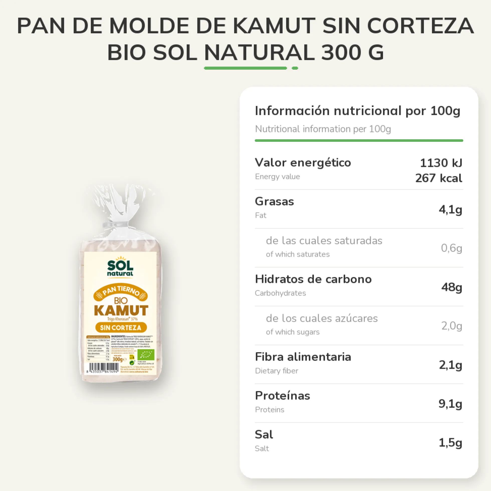 Pan de Molde de Kamut Sin Corteza Bio Sol Natural300 g