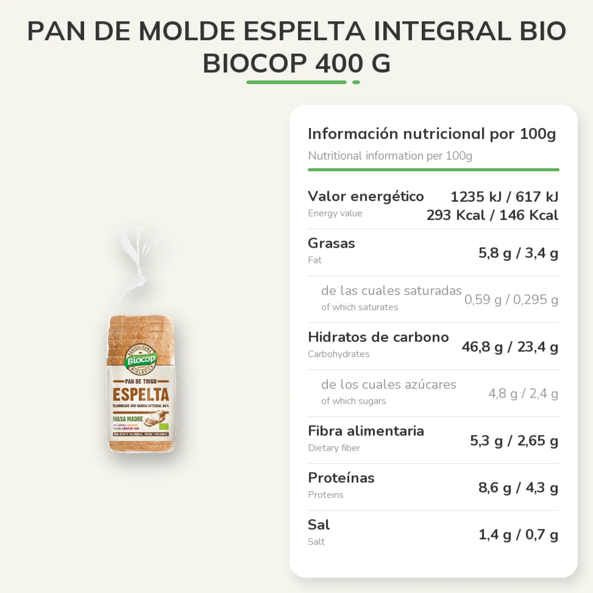 Pan de Molde Espelta Integral BIO Biocop 400 g