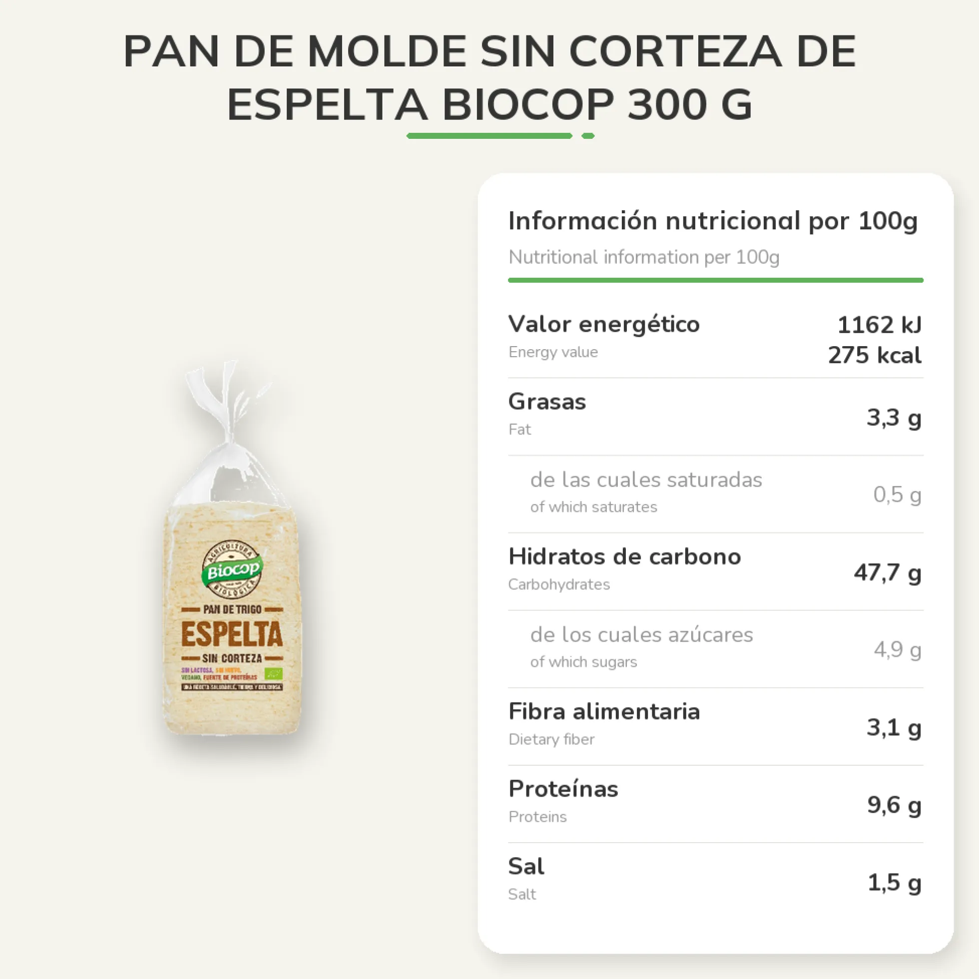 Pan de Molde Sin Corteza de Espelta Biocop 300 g