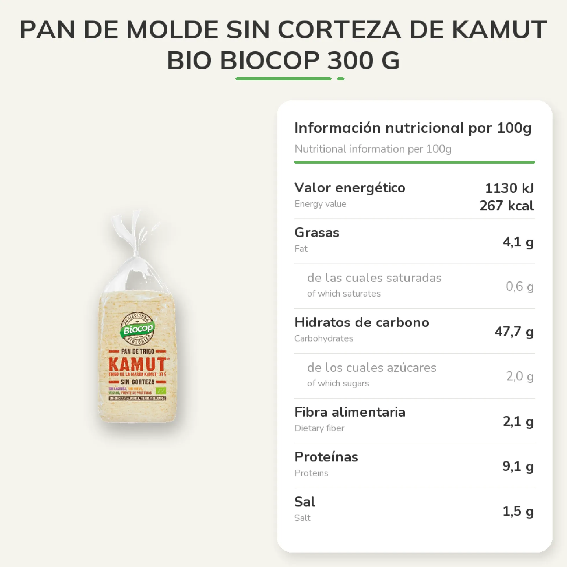 Pan de Molde Sin Corteza de Kamut BIO Biocop 300 g
