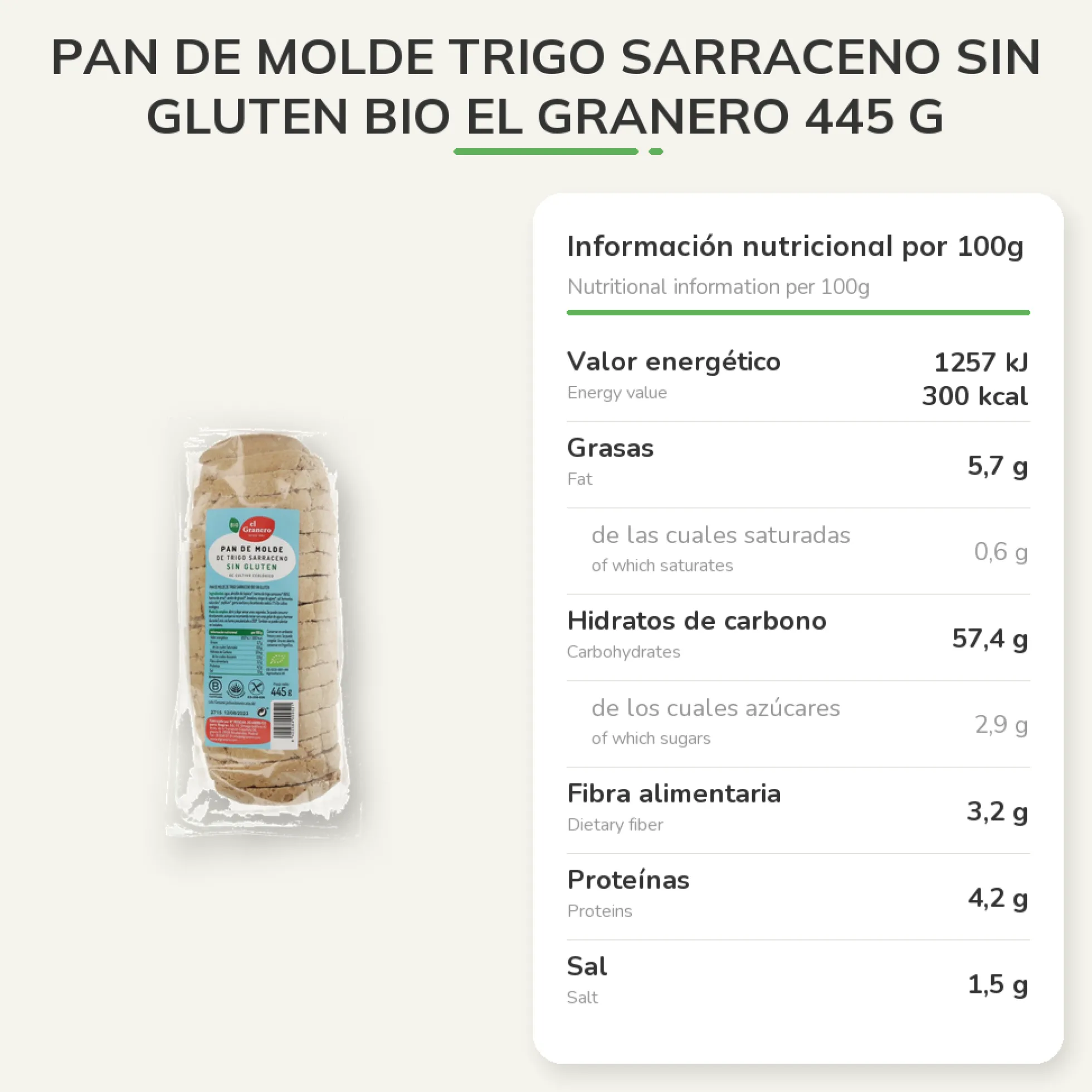 Pan de Molde Trigo Sarraceno sin gluten bio El Granero 445 g