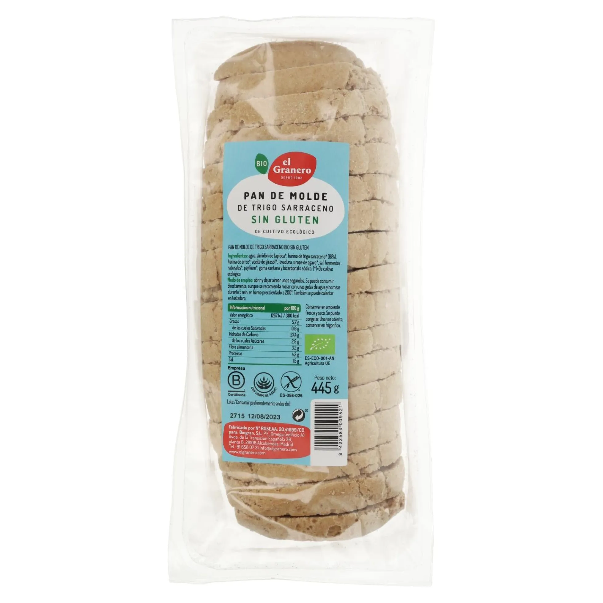 Pan de Molde Trigo Sarraceno sin gluten bio El Granero 445 g