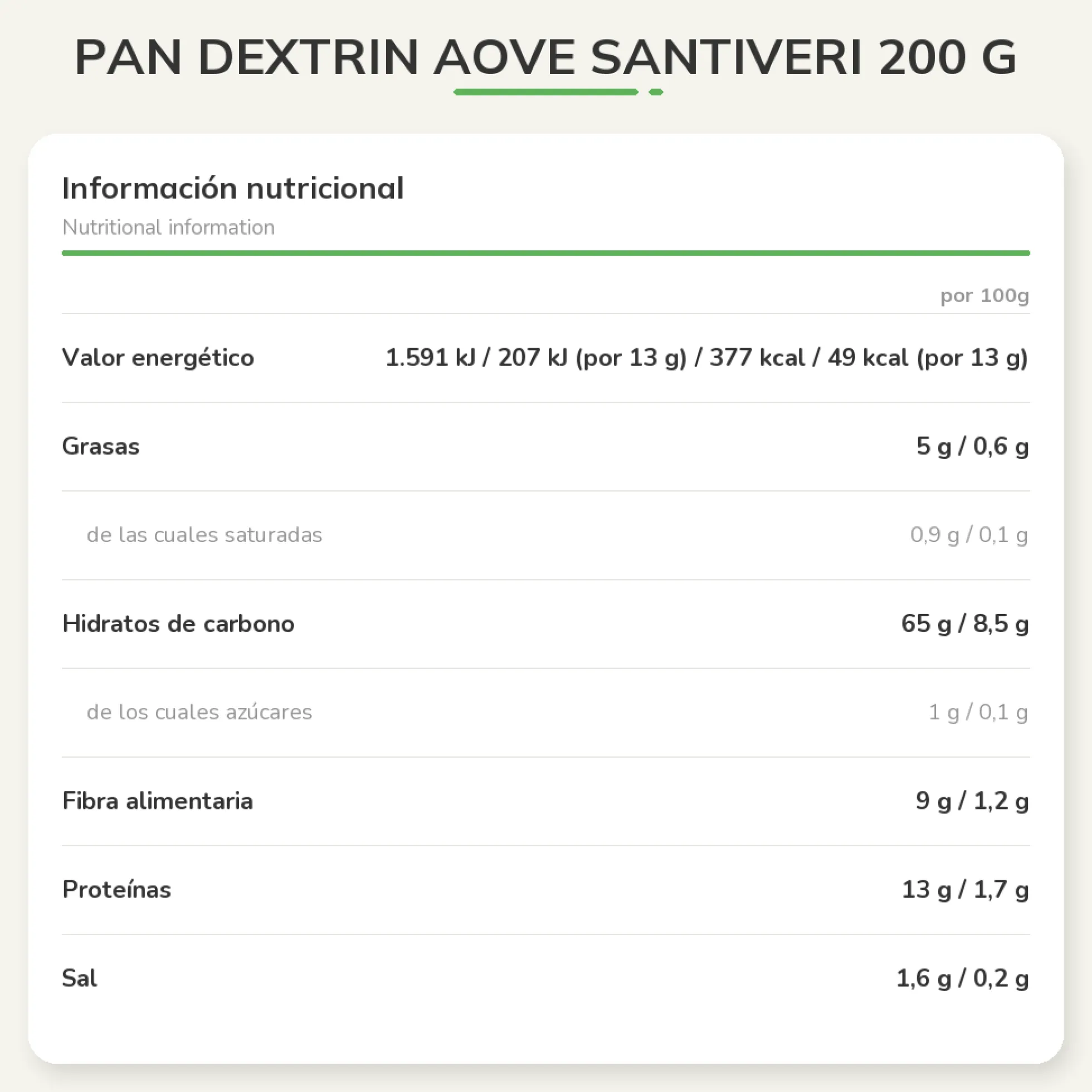 Pan dextrin AOVE Santiveri 200 g