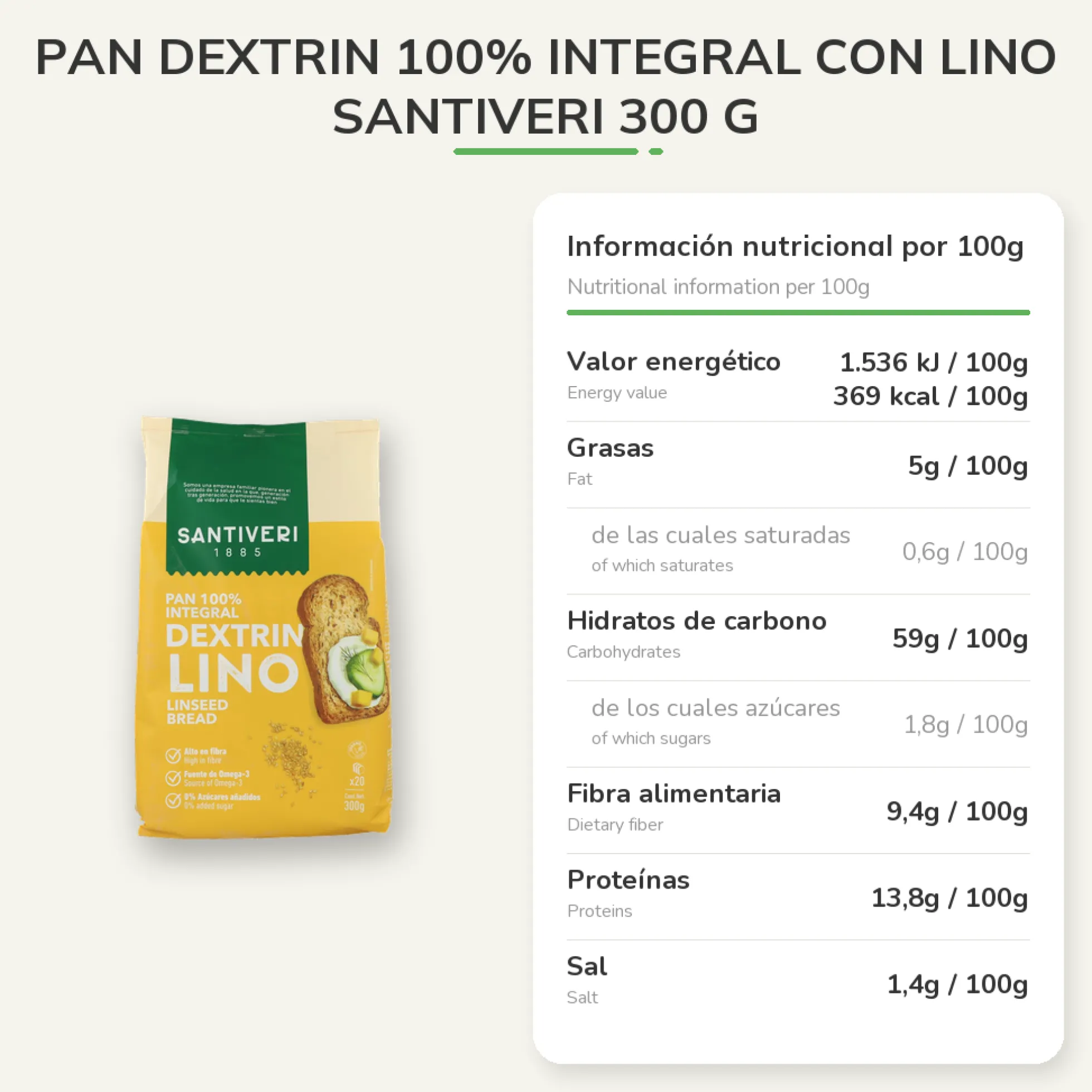 Pan Dextrin 100% Integral con Lino Santiveri 300 g