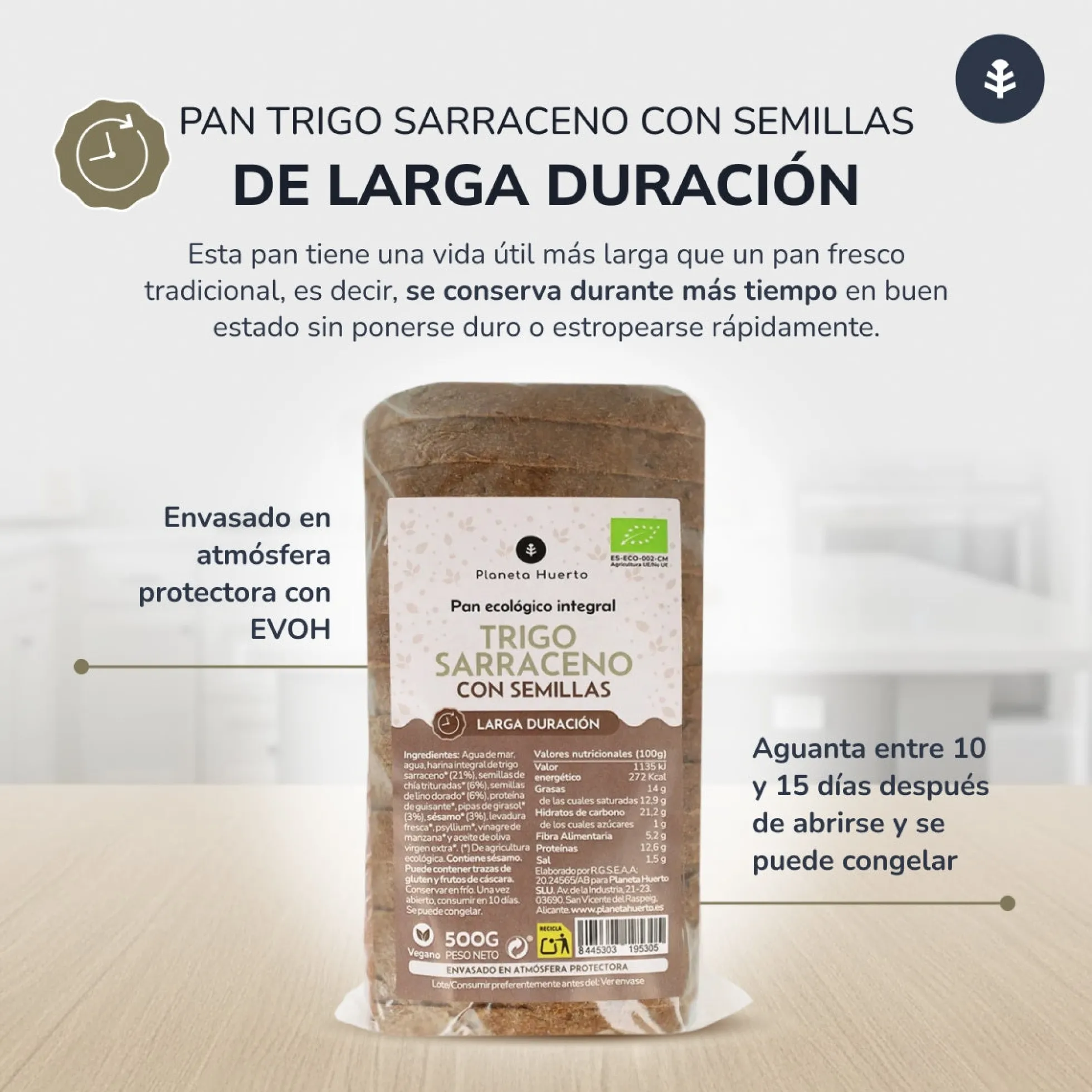 Pan integral proteico de trigo sarraceno con semillas ECO Planeta Huerto 500 g