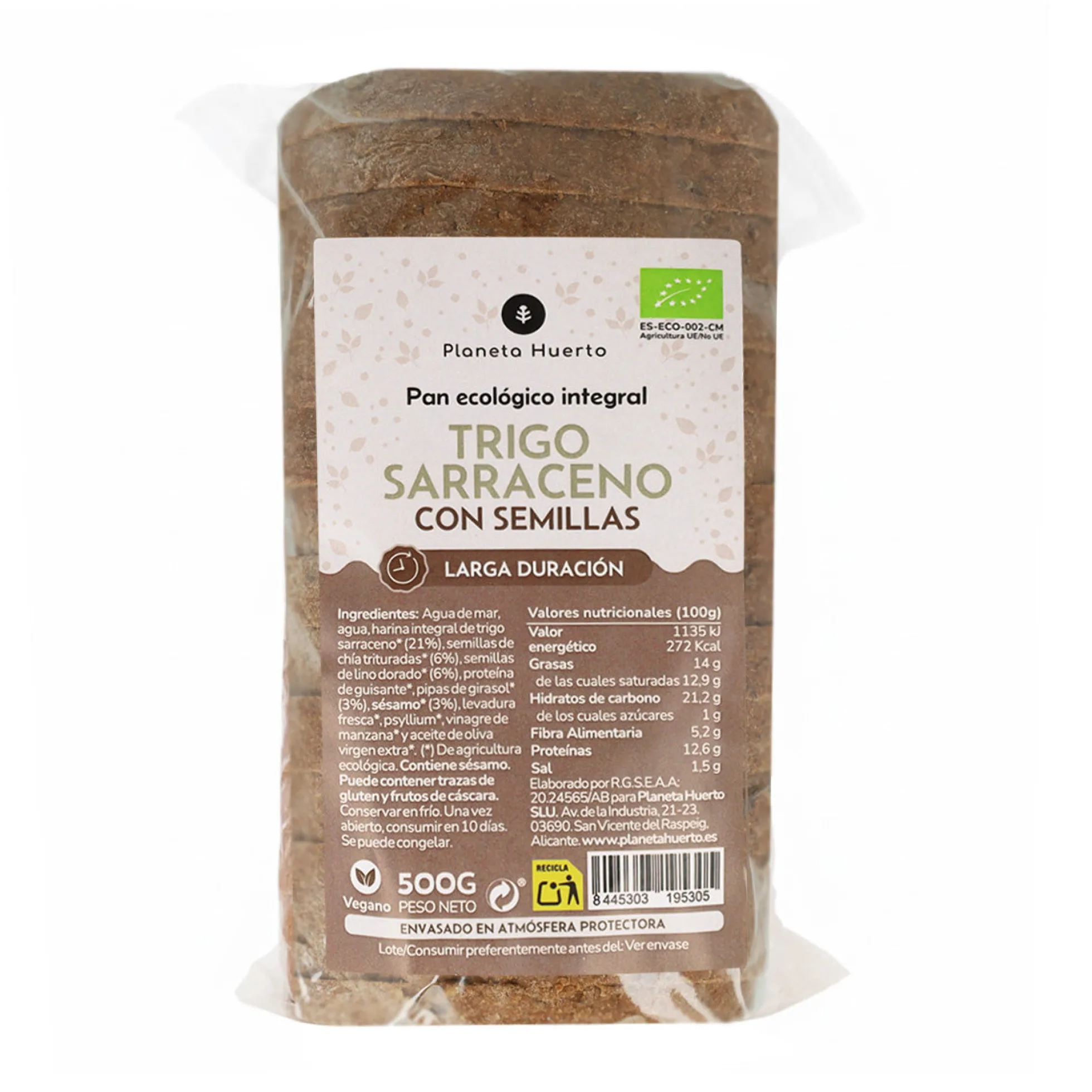 Pan integral proteico de trigo sarraceno con semillas ECO Planeta Huerto 500 g