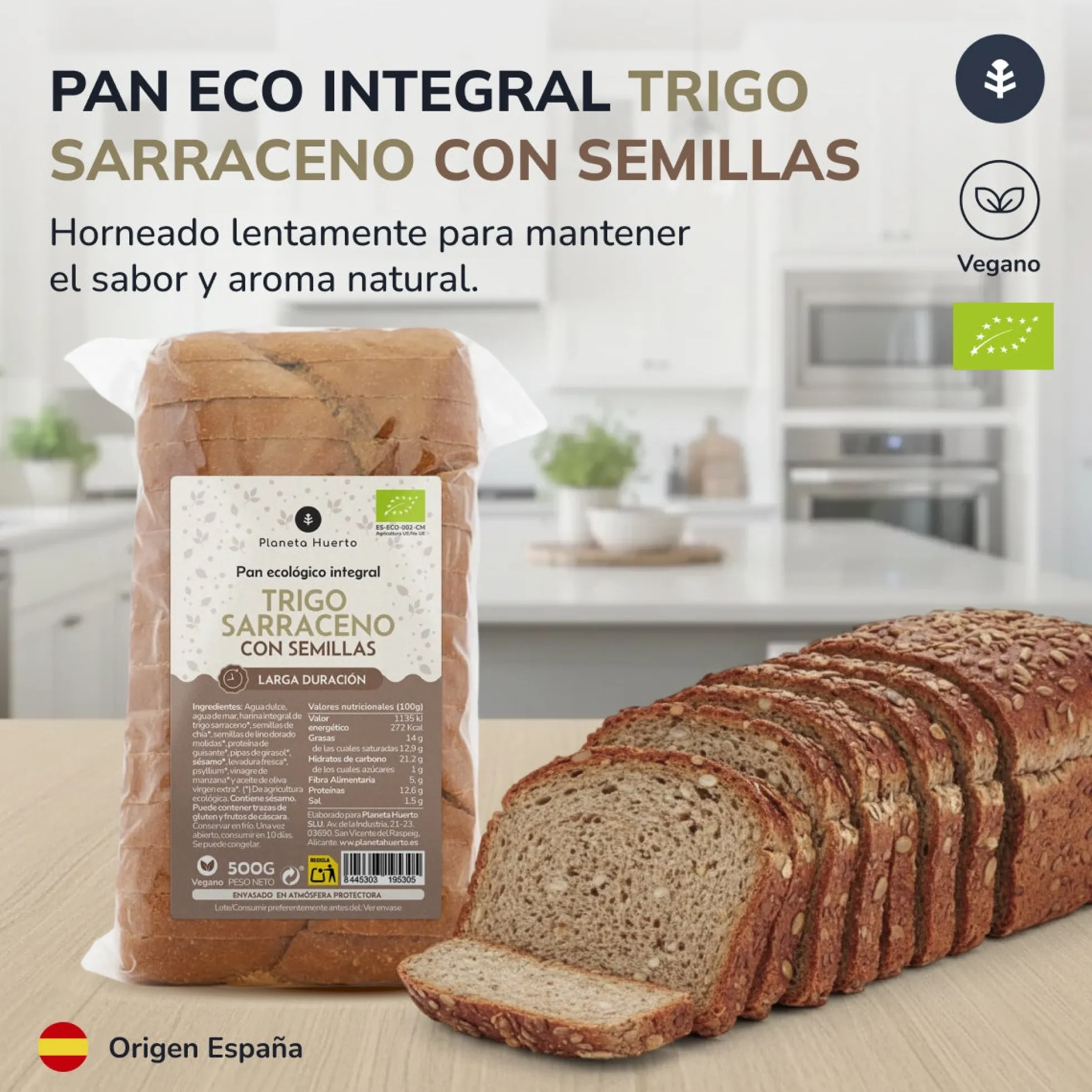 Pan integral proteico de trigo sarraceno con semillas ECO Planeta Huerto 500 g