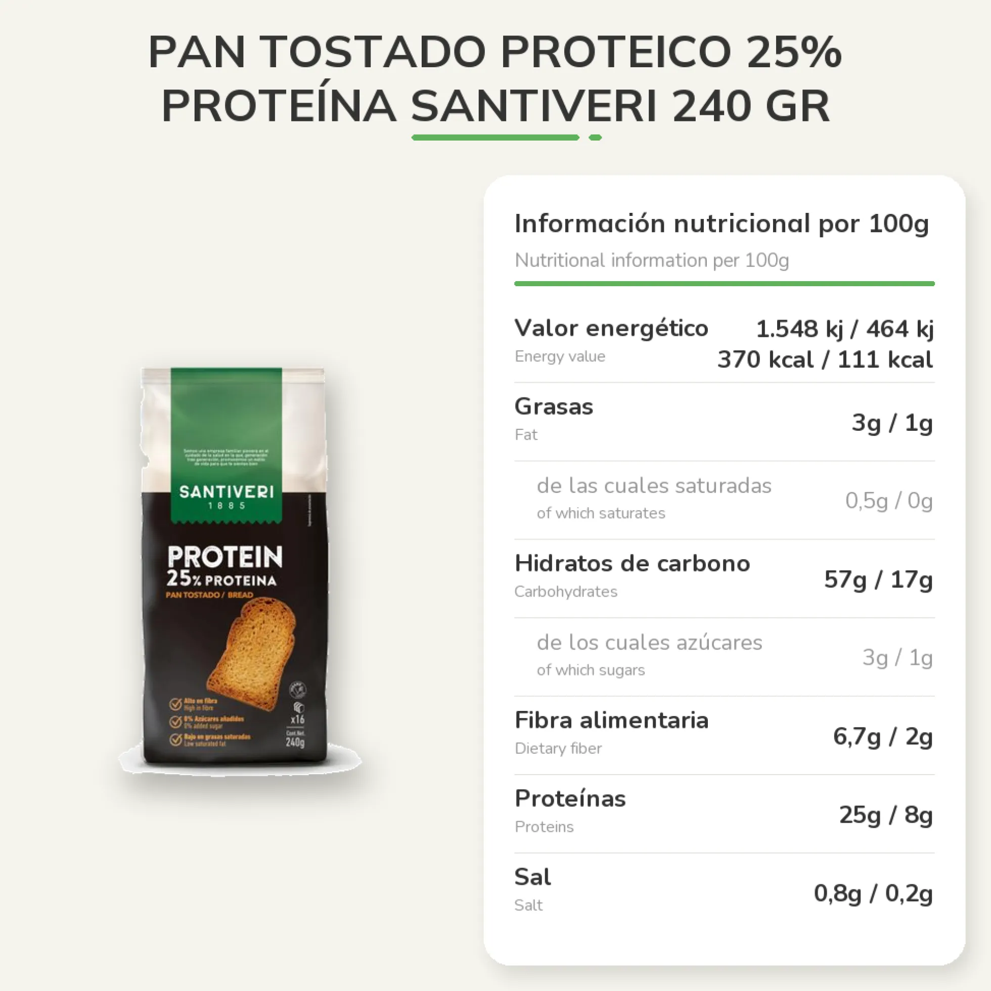 Pan Tostado Proteico 25% Proteína Santiveri 240 gr