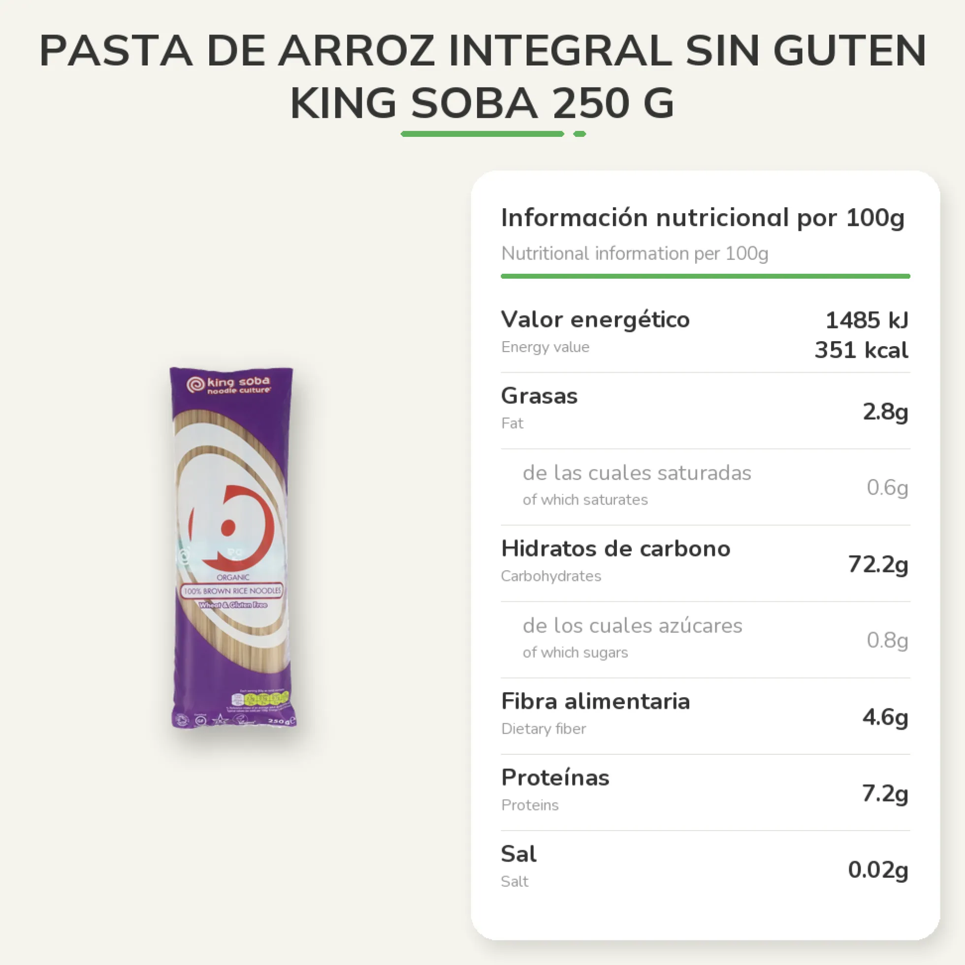 Pasta de Arroz Integral Sin Guten King Soba 250 g