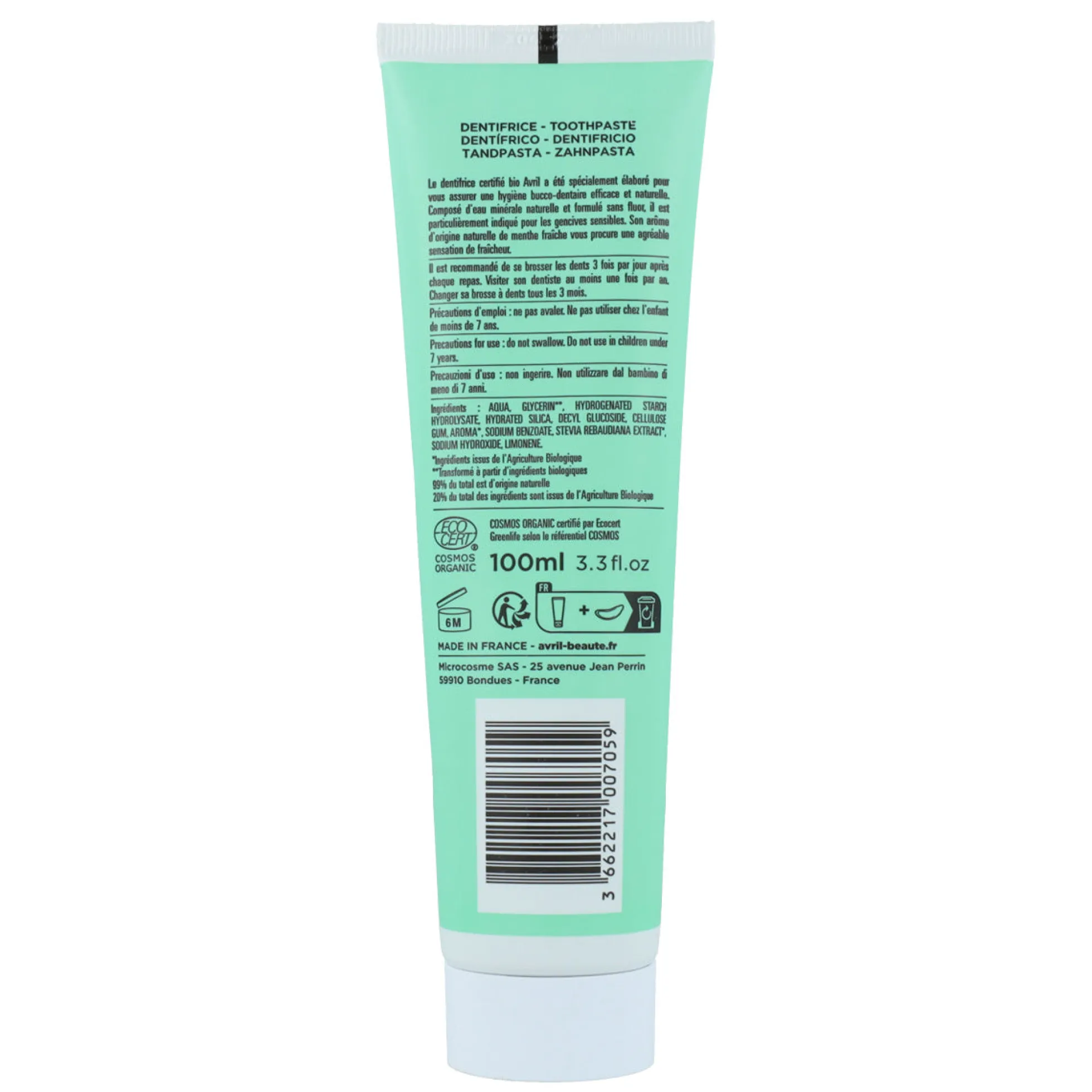Pasta de dientes sin flúor sabor menta, Avril, 100 ml