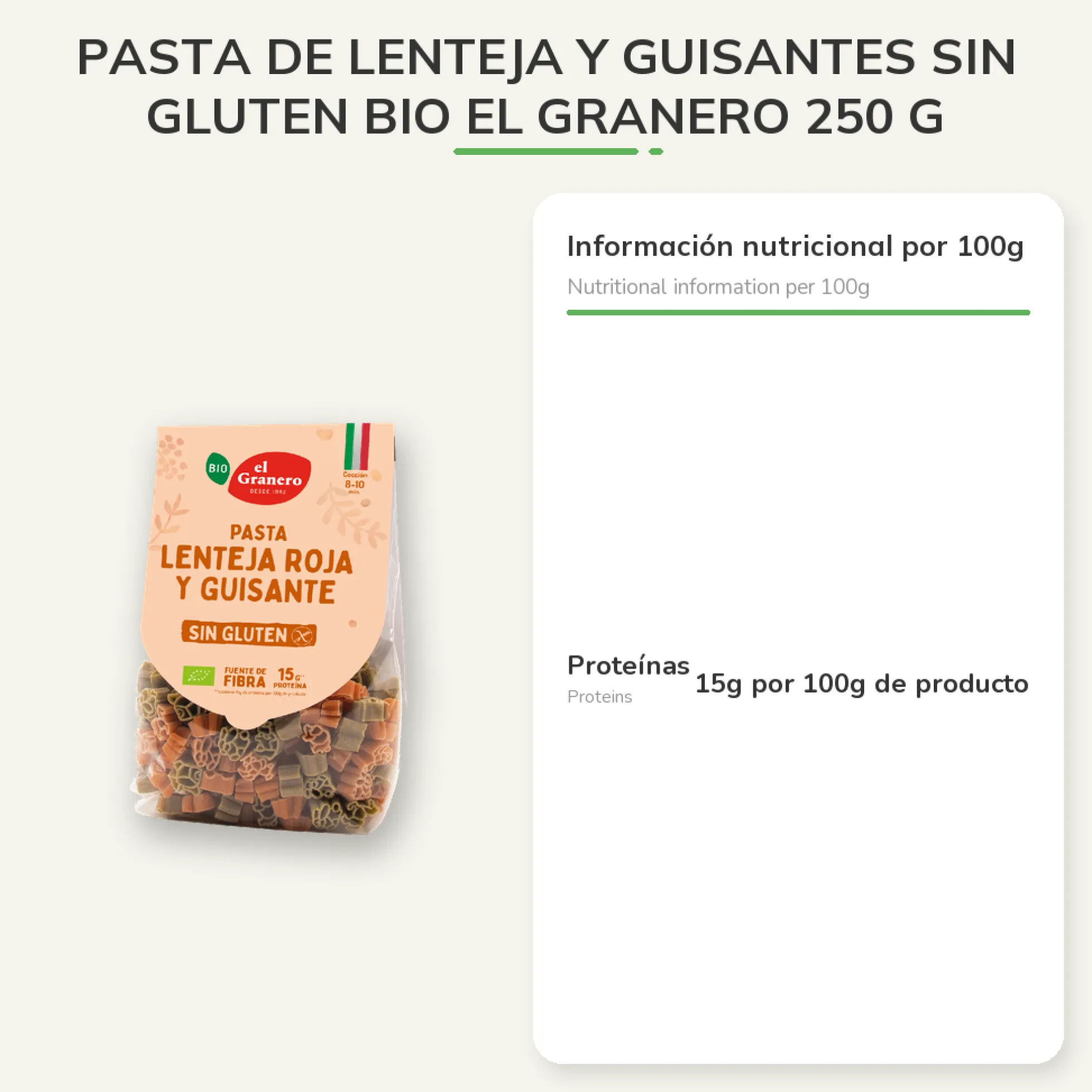 Pasta de Lenteja y Guisantes Sin Gluten Bio El Granero 250 g