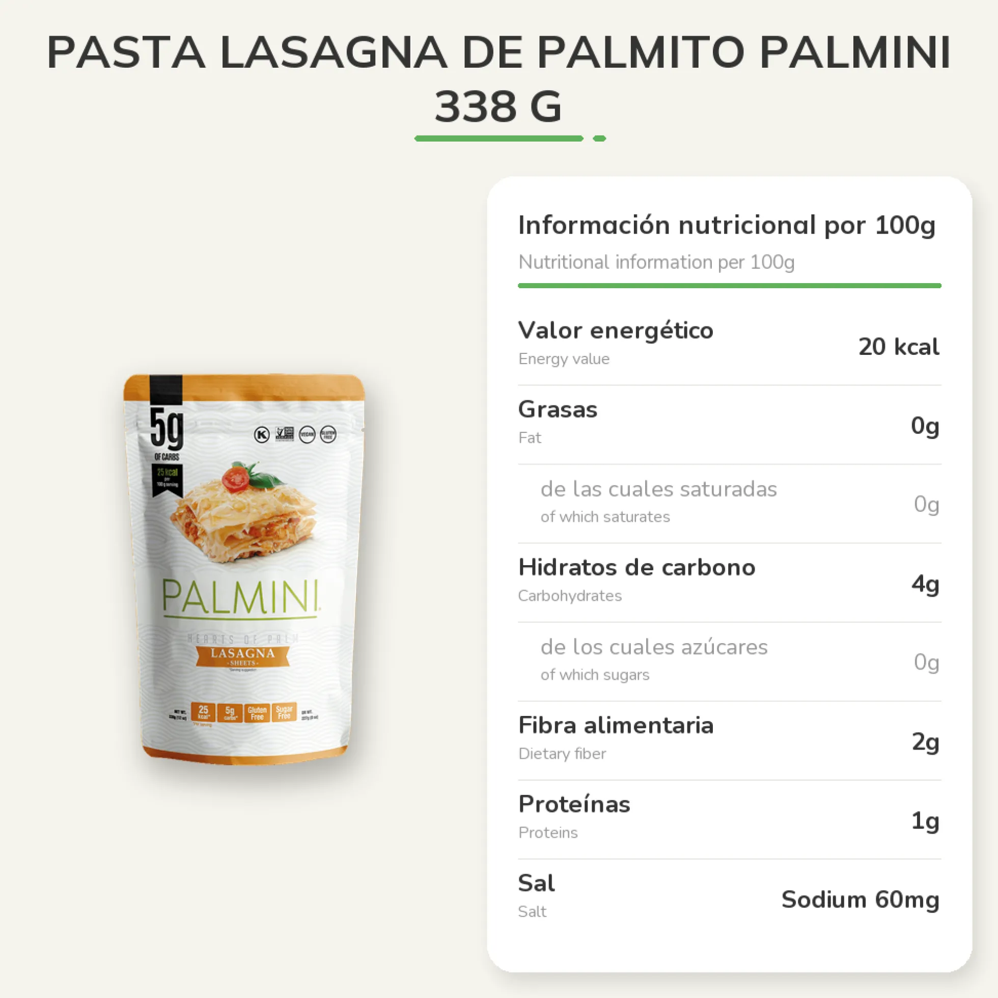 Pasta Lasagna de palmito Palmini 338 g