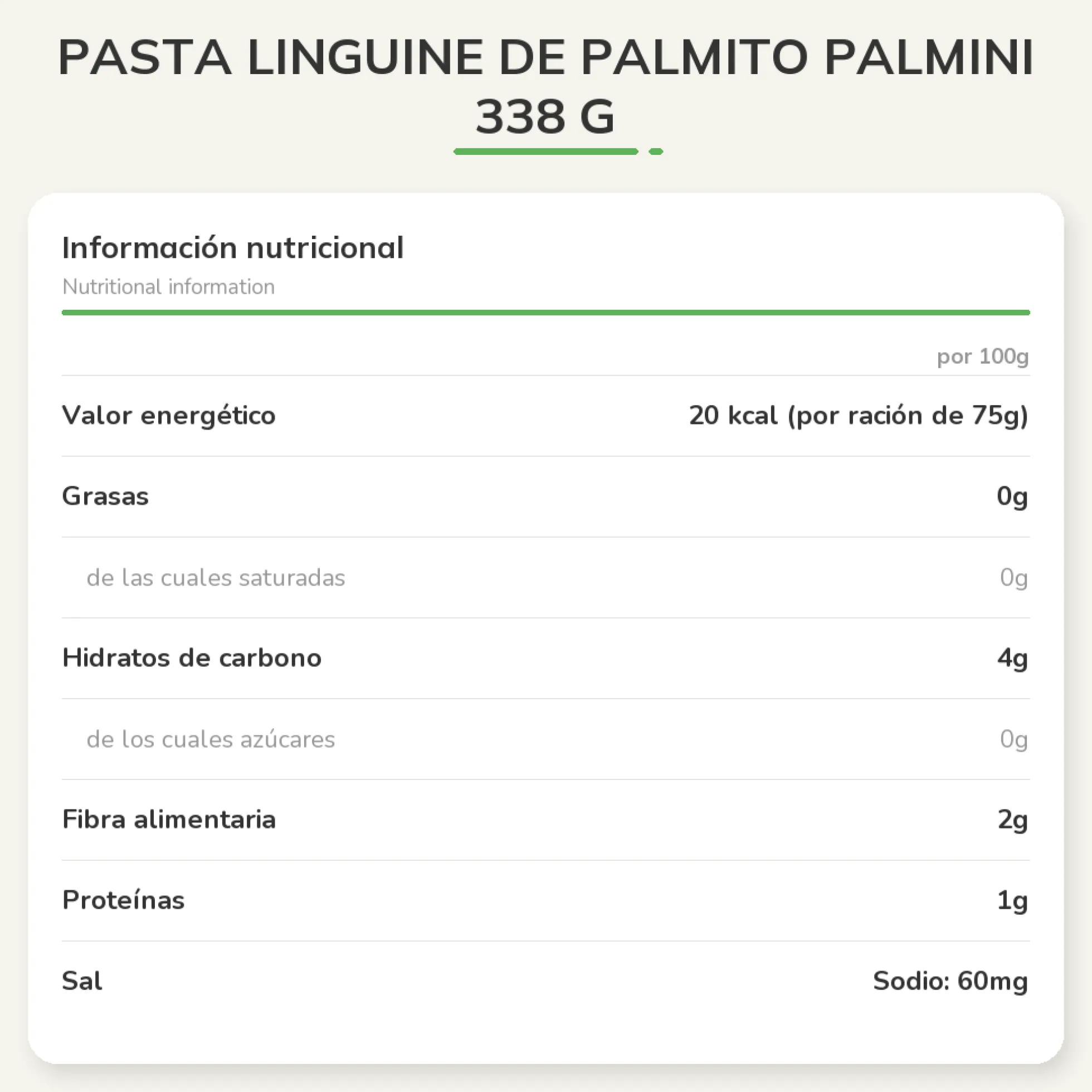 Pasta Linguine de palmito Palmini 338 g