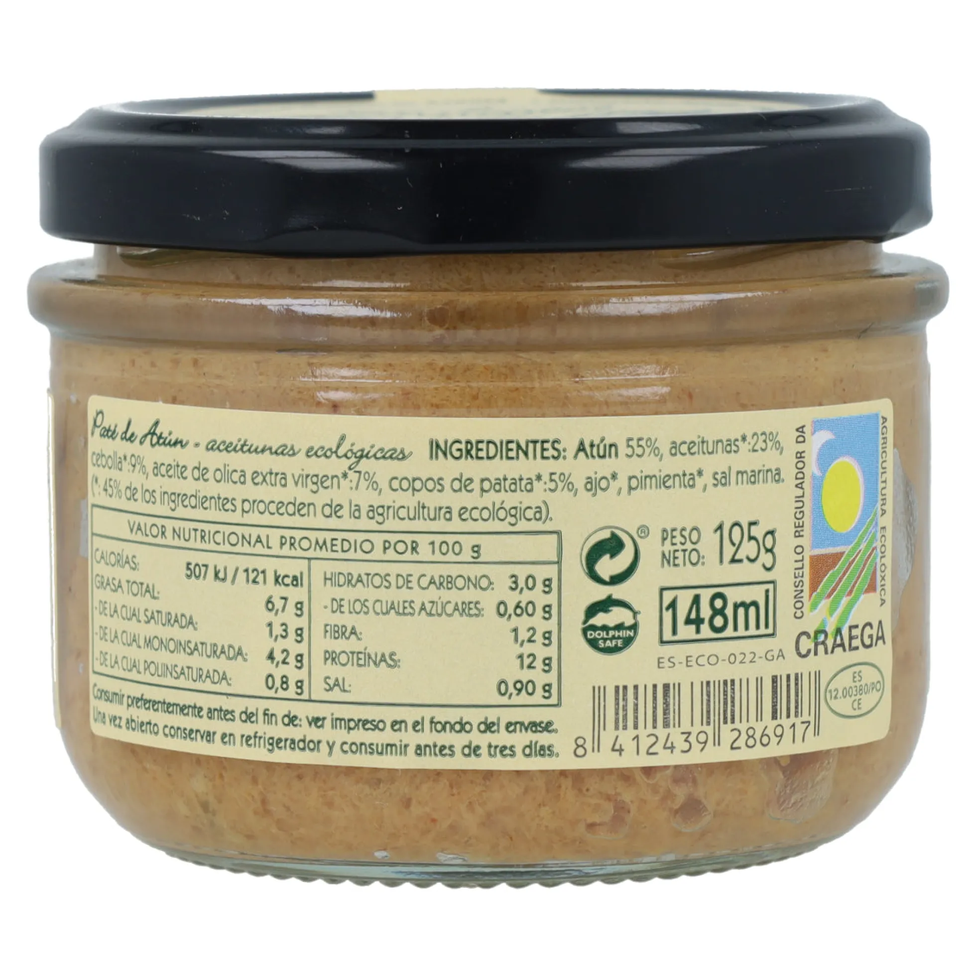 Paté de atún con aceitunas ecológicas en Vidrio Pan do Mar 125g