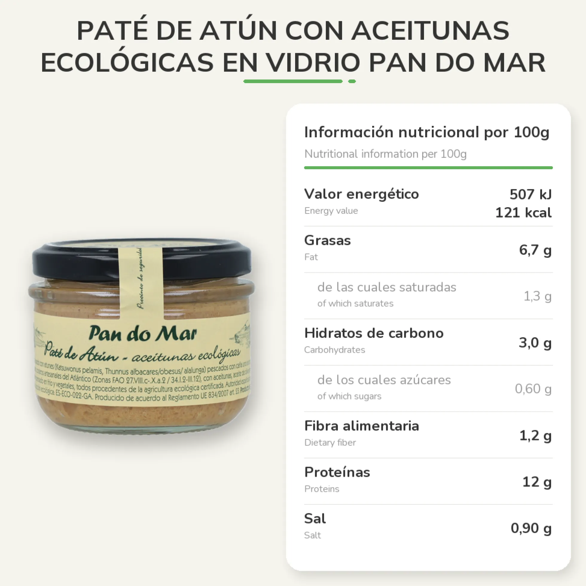 Paté de atún con aceitunas ecológicas en Vidrio Pan do Mar 125g