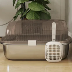 Pawhut Arenero Para Gatos Cubierto Con Bandeja De Acero Bordes Altos Y Pala Gris