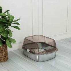 Pawhut Arenero Para Gatos Cubierto Con Bandeja De Acero Bordes Altos Y Pala Gris