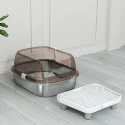 Pawhut Arenero Para Gatos Cubierto Con Bandeja De Acero Pala Y Peldaño Gris