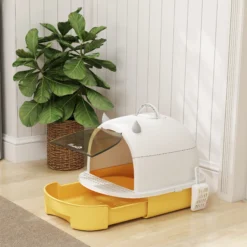 Pawhut Arenero Para Gatos Cubierto Con Bandeja Pala Y Asa Amarillo Y Blanco