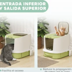 Pawhut Arenero Para Gatos Cubierto Con Bandeja Extraíble Y Pala Blanco Y Verde