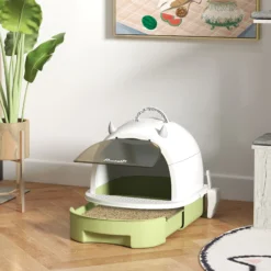 Pawhut Arenero Para Gatos Cubierto Con Bandeja Pala Y Asa Blanco Y Verde