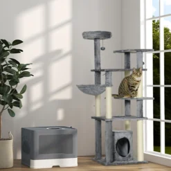 Pawhut Arenero Para Gatos Cubierto Con Caja Pala Cepillo 48,5x38x36,5cm Gris