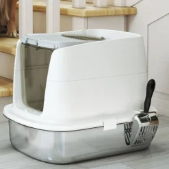 Pawhut Arenero Para Gatos De Acero Inoxidable L Con Tapa Abatible Blanco
