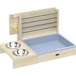Pawhut Comedero De Heno De Conejos De Madera Con Bandeja Cuenco Botella De Agua