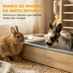 Pawhut Comedero De Heno De Conejos De Madera Con Bandeja Cuenco Botella De Agua