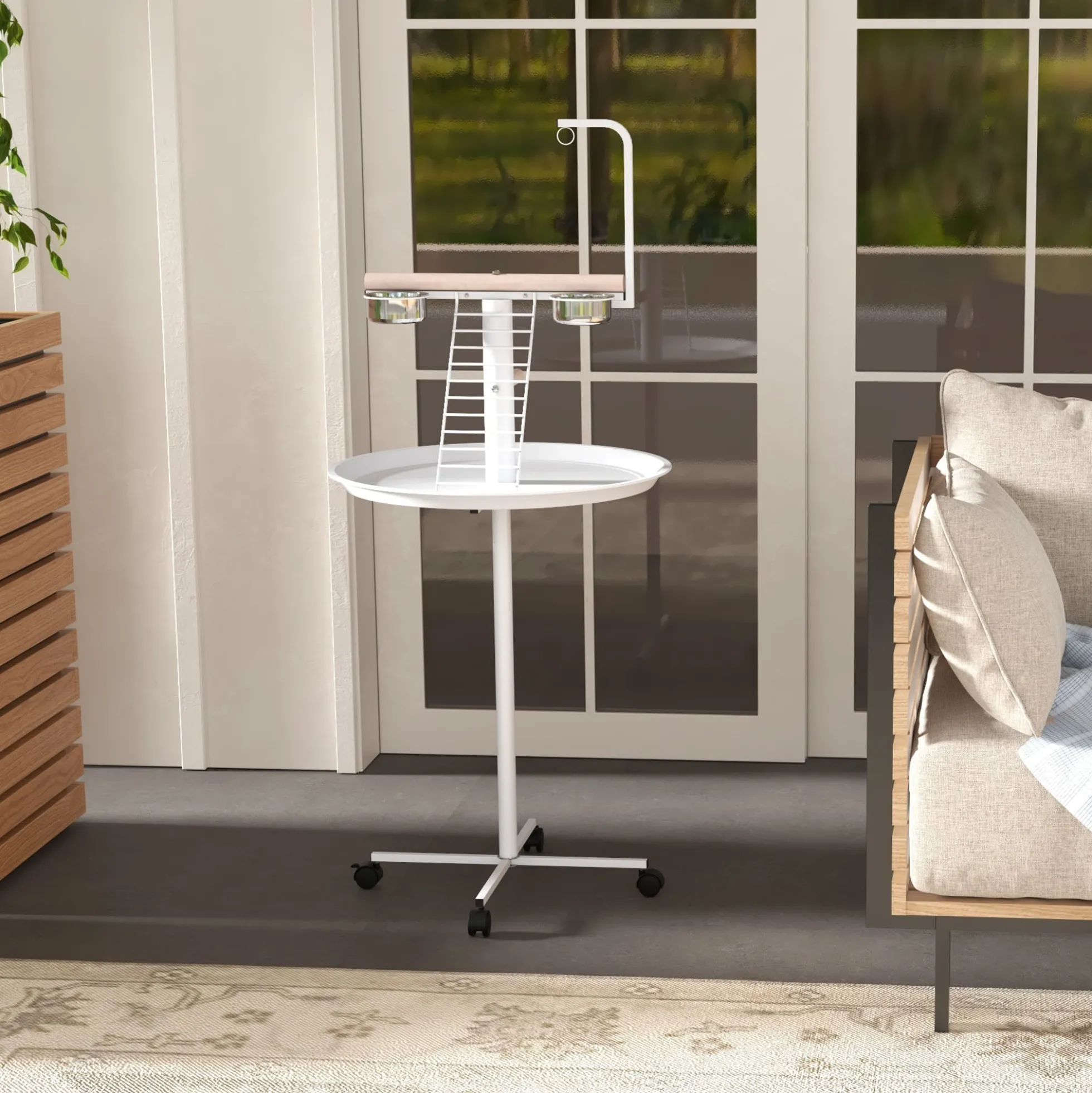 Pawhut Comedero De Pájaros Para Exterior Con Ruedas Ø60x138 Cm Blanco