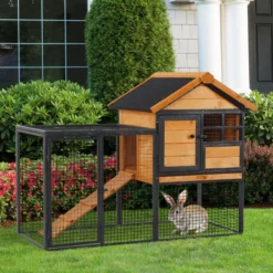 Pawhut Conejera De Exterior Madera 2 Pisos Rampa Bandeja Extraíble Puerta
