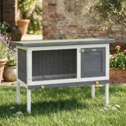 Pawhut Conejera De Madera Con Techo Asfáltico Abatible Bandeja Extraíble Gris