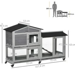 Pawhut Conejera De Madera 157,4x53x99,5 Cm Con Ruedas Techo Asfáltico Gris