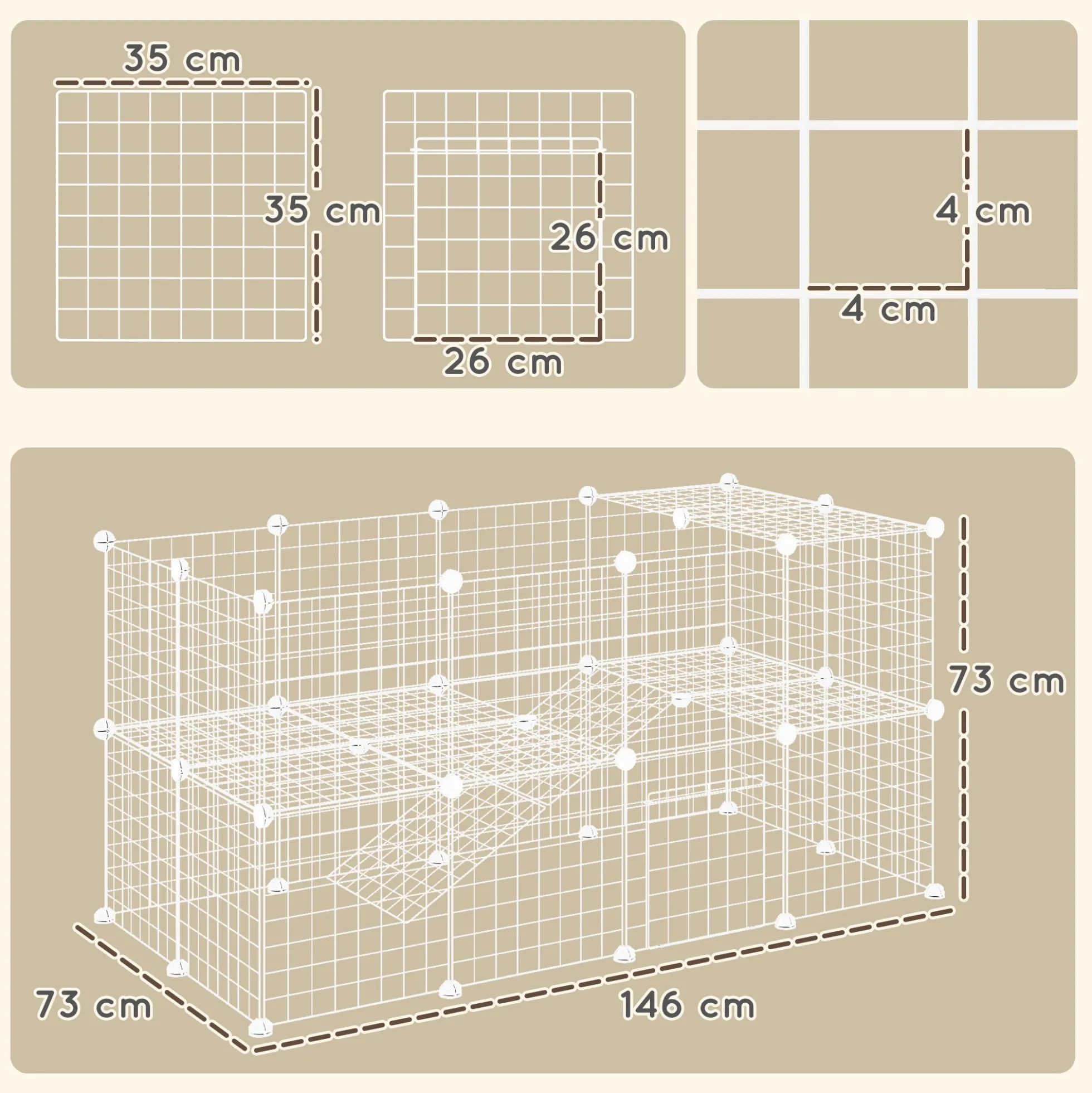 Pawhut Jaula Para Animales Pequeños Forma Personalizable 146x73x73 Cm Blanco